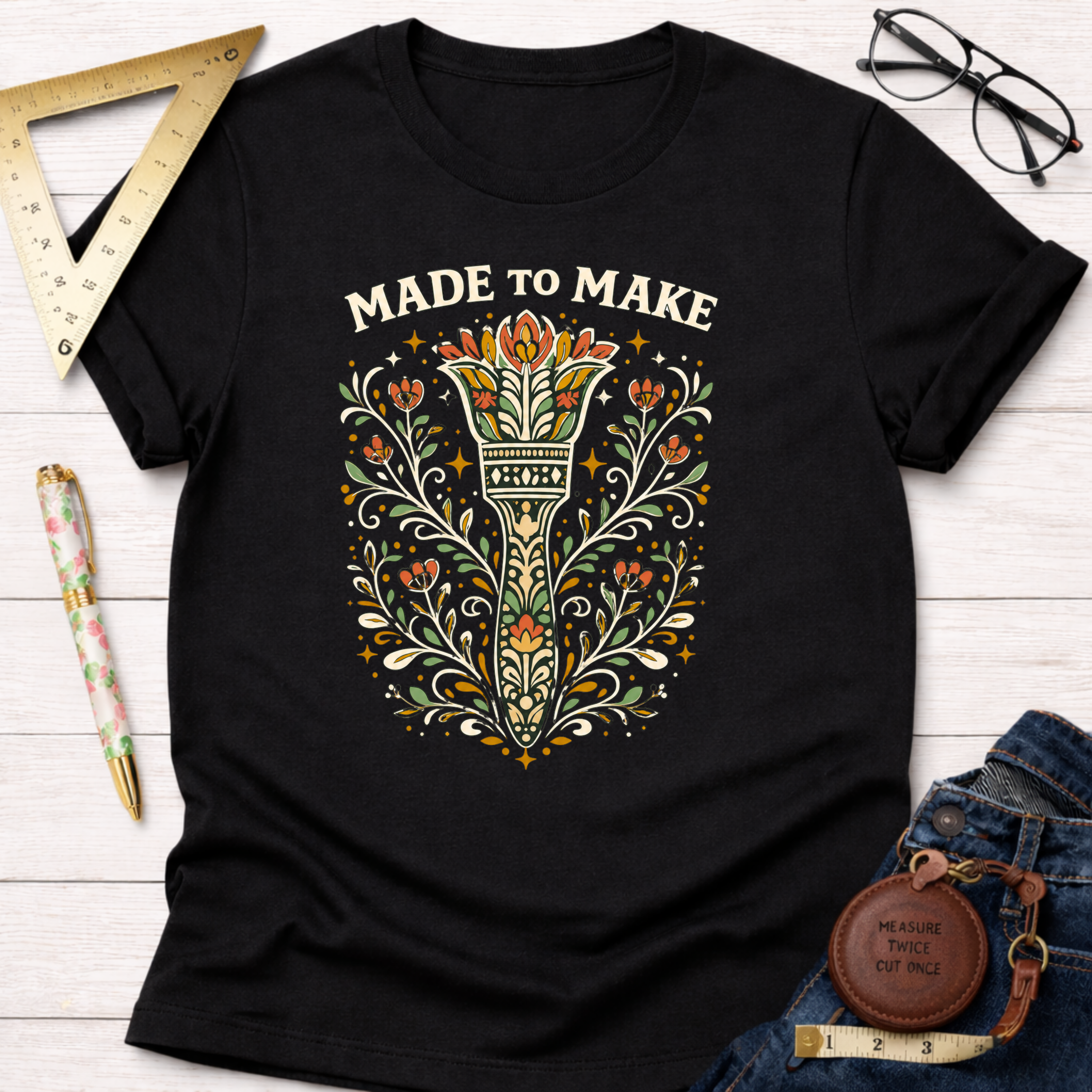 Black cotton "Made To Make" t-shirt with a colorful, ornate paint brush and floral design.