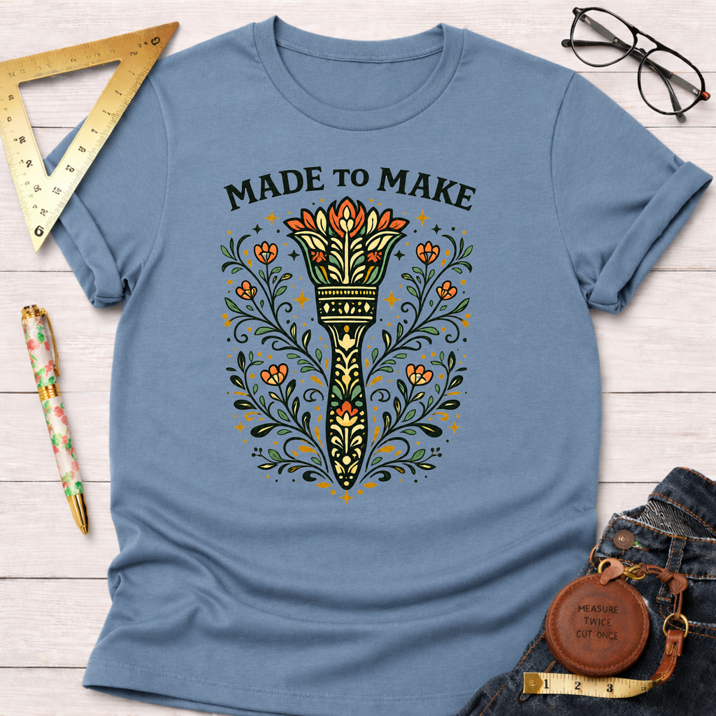 Light blue cotton t-shirt with "Made To Make" text and a floral paint brush design.