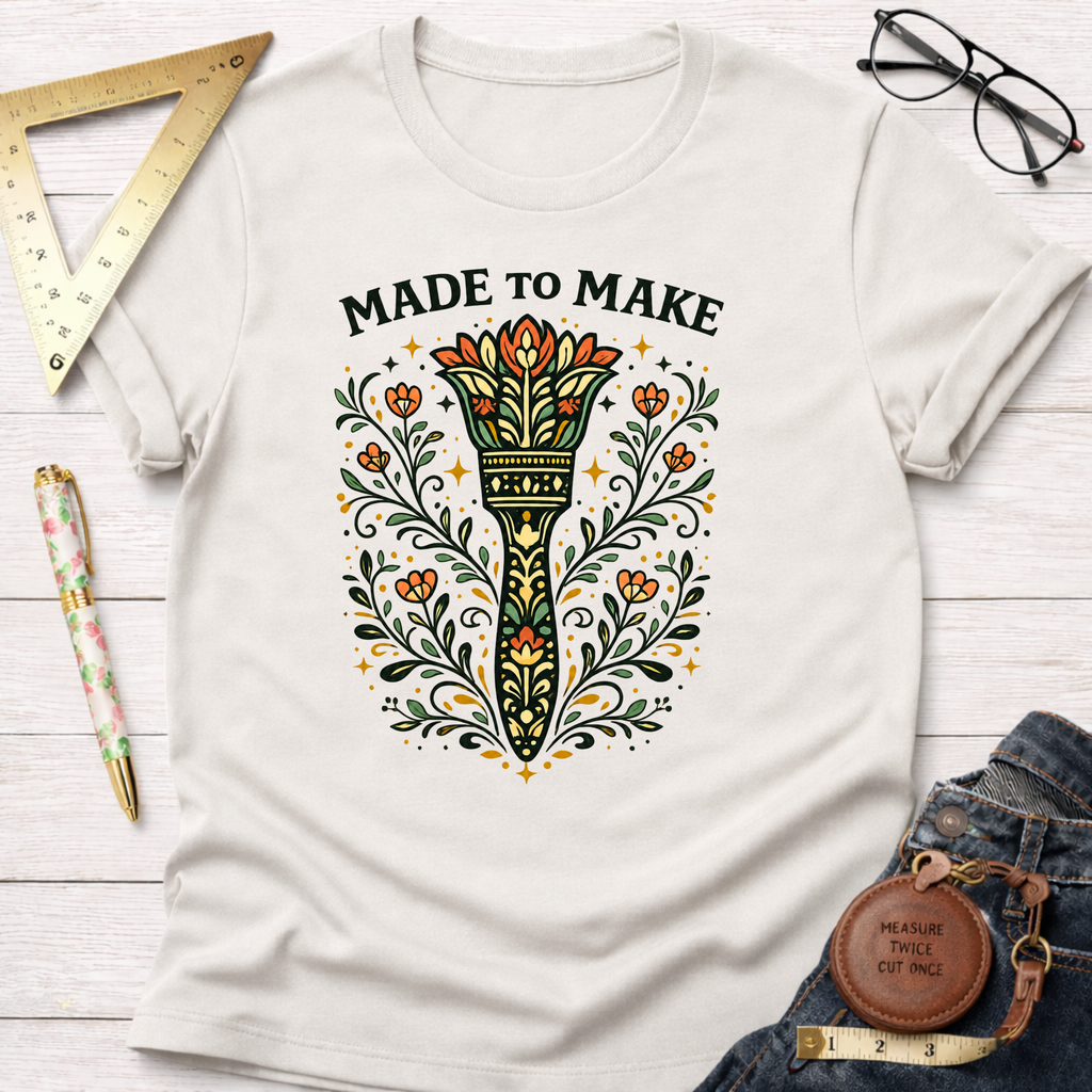 Off-white cotton t-shirt with "Made To Make" text and a colorful, ornate paint brush design.