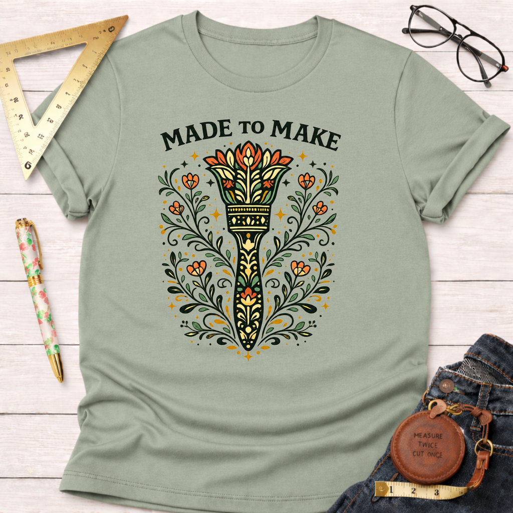 Sage green cotton t-shirt with "Made To Make" text and a vibrant floral paint brush design.