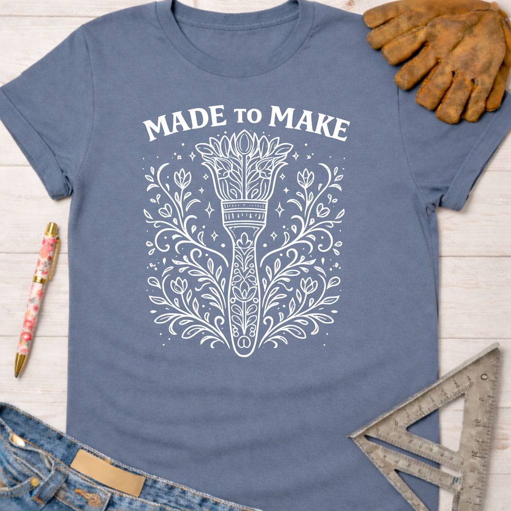 Women's funny woodworking graphic tee shirt for female woodworkers, makers, and DIY builders — Sawdust & Ponytails. Blue cotton tee with "Made To Make" and a floral paintbrush design.