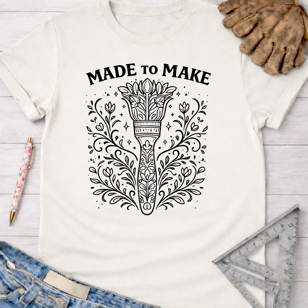 Women's funny woodworking graphic tee shirt for female woodworkers, makers, and DIY builders — Sawdust & Ponytails. Cream cotton tee with "MADE TO MAKE" and floral chisel design.