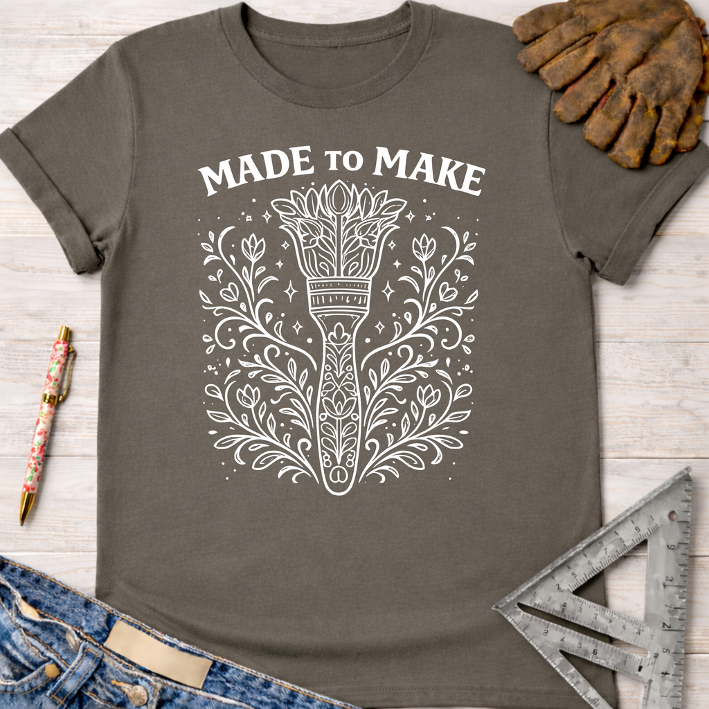 Charcoal gray "Made To Make" graphic tee with a floral paintbrush design. Women's funny woodworking graphic tee shirt for female woodworkers, makers, and DIY builders — Sawdust & Ponytails.