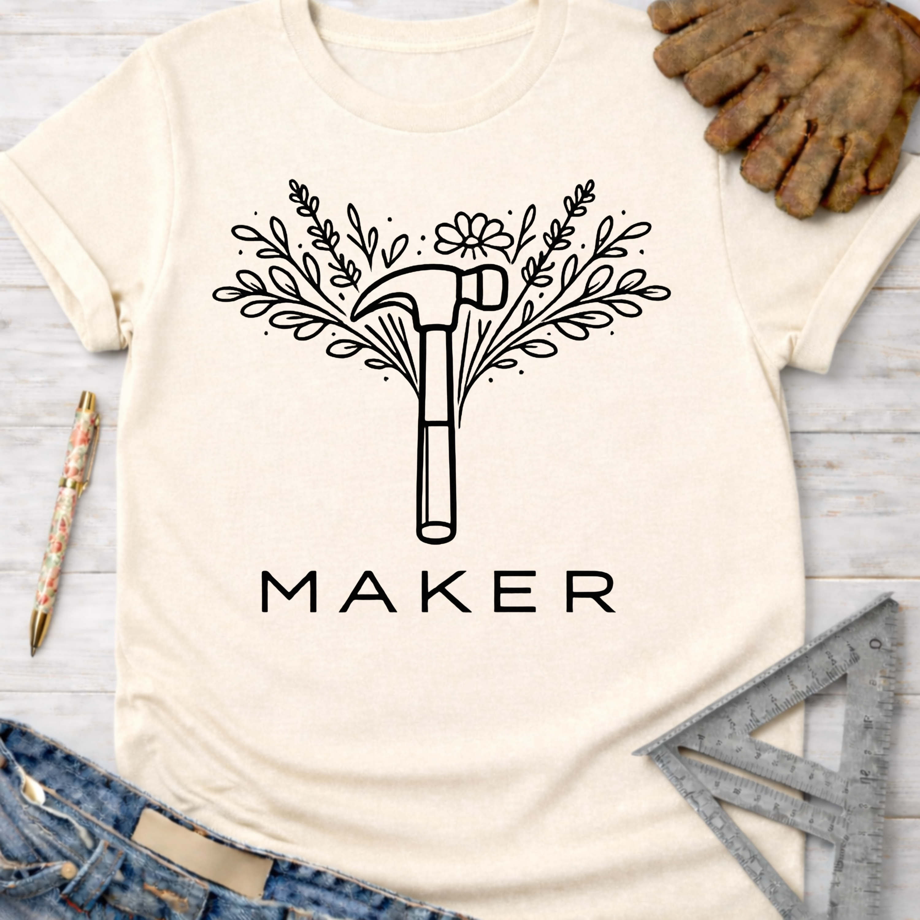 Women's funny woodworking graphic tee shirt for female woodworkers, makers, and DIY builders — Sawdust & Ponytails. Cream t-shirt with a black floral hammer and "MAKER" graphic.