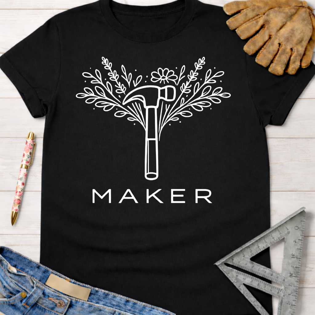 Black cotton t-shirt with white floral hammer "MAKER" graphic. Women's funny woodworking graphic tee shirt for female woodworkers, makers, and DIY builders — Sawdust & Ponytails