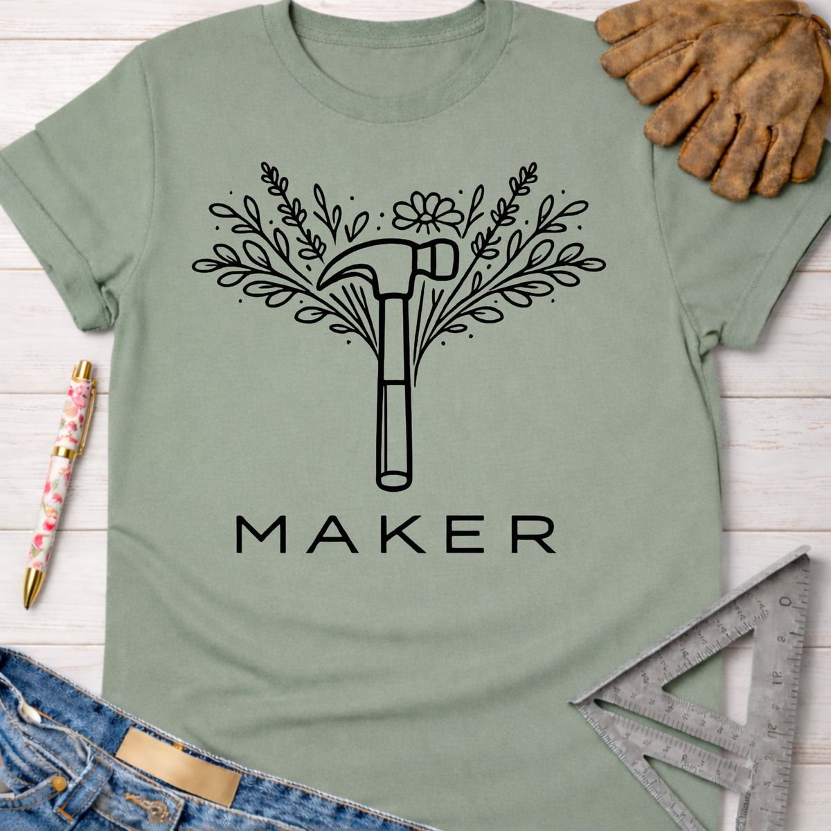 Sage green Maker Floral Hammer T-Shirt with black graphic, women's funny woodworking graphic tee shirt for female woodworkers, makers, and DIY builders — Sawdust & Ponytails