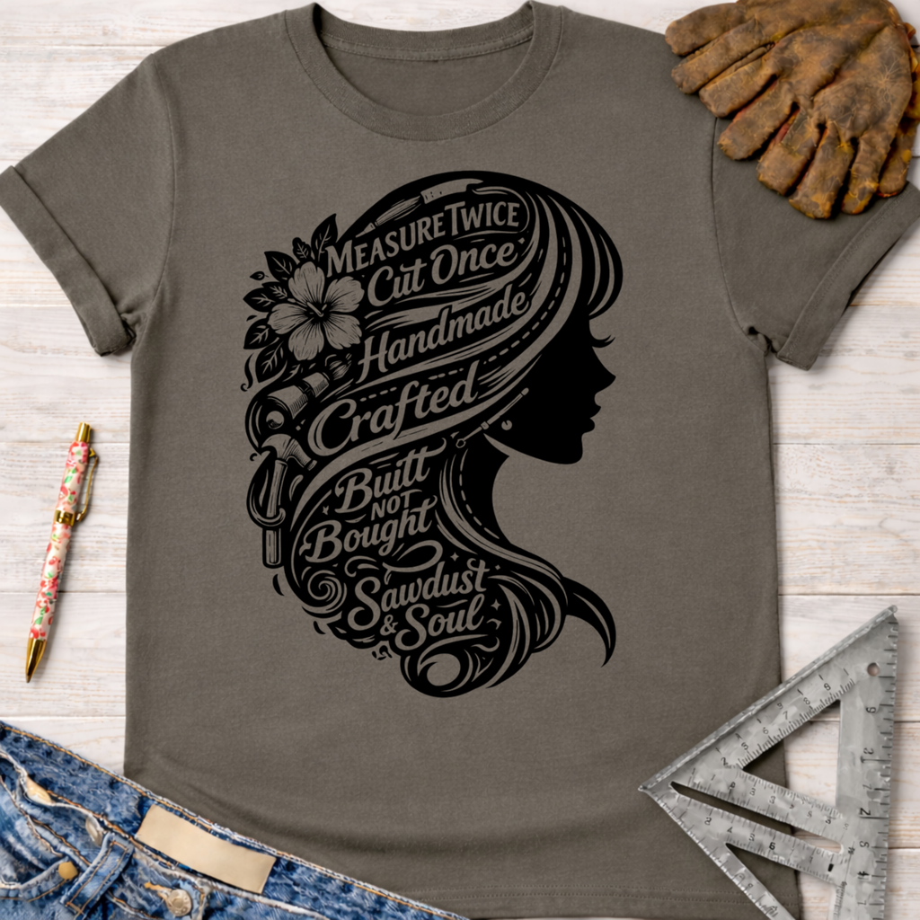 Women's funny woodworking graphic tee shirt for female woodworkers, makers, and DIY builders — Sawdust & Ponytails. Dark gray tee with black silhouette of woman's head and hair made of tools and text.