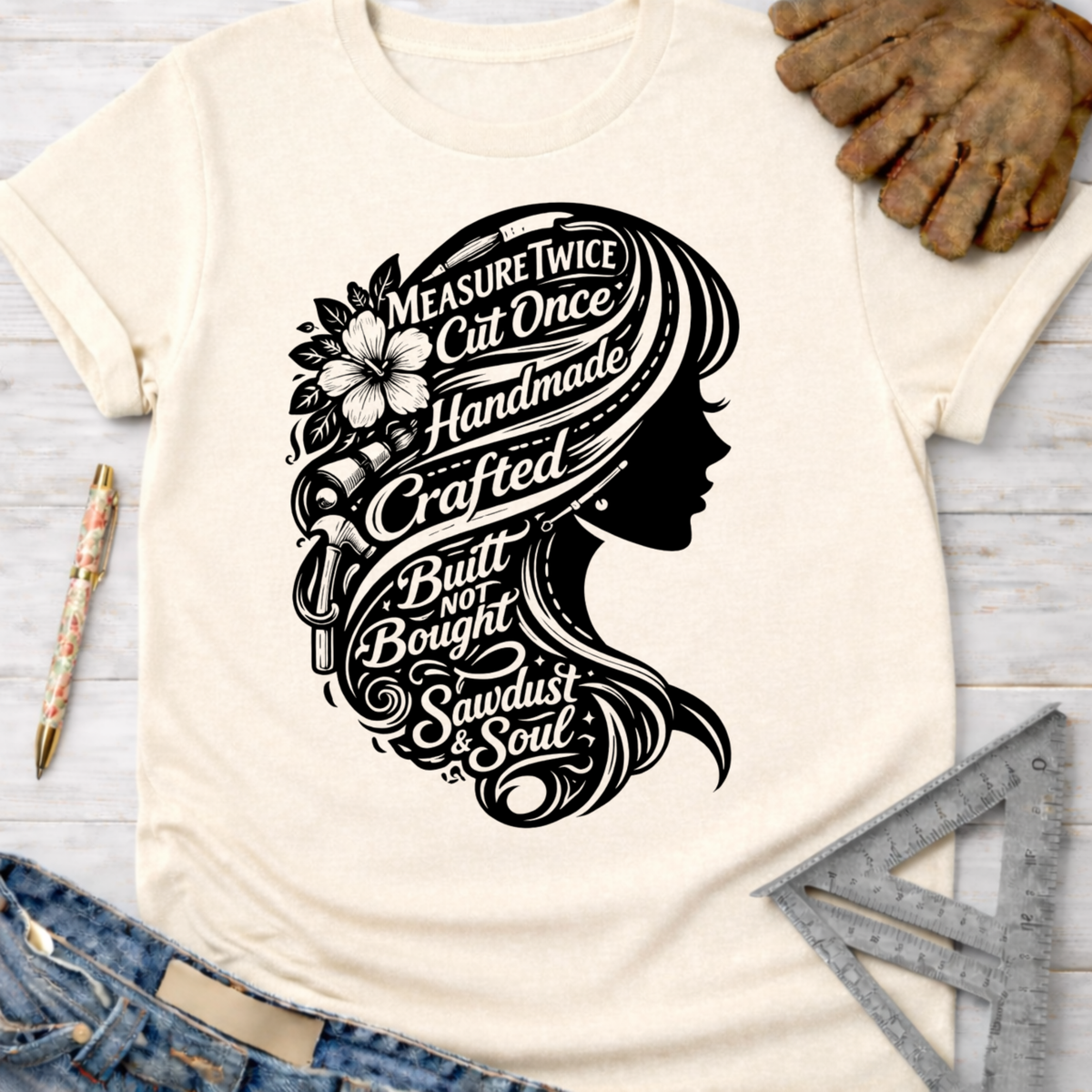 Women's funny woodworking graphic tee shirt for female woodworkers, makers, and DIY builders — Sawdust & Ponytails. Cream t-shirt with black silhouette of a woman's profile, hair filled with tools and text like "Measure Twice, Cut Once.