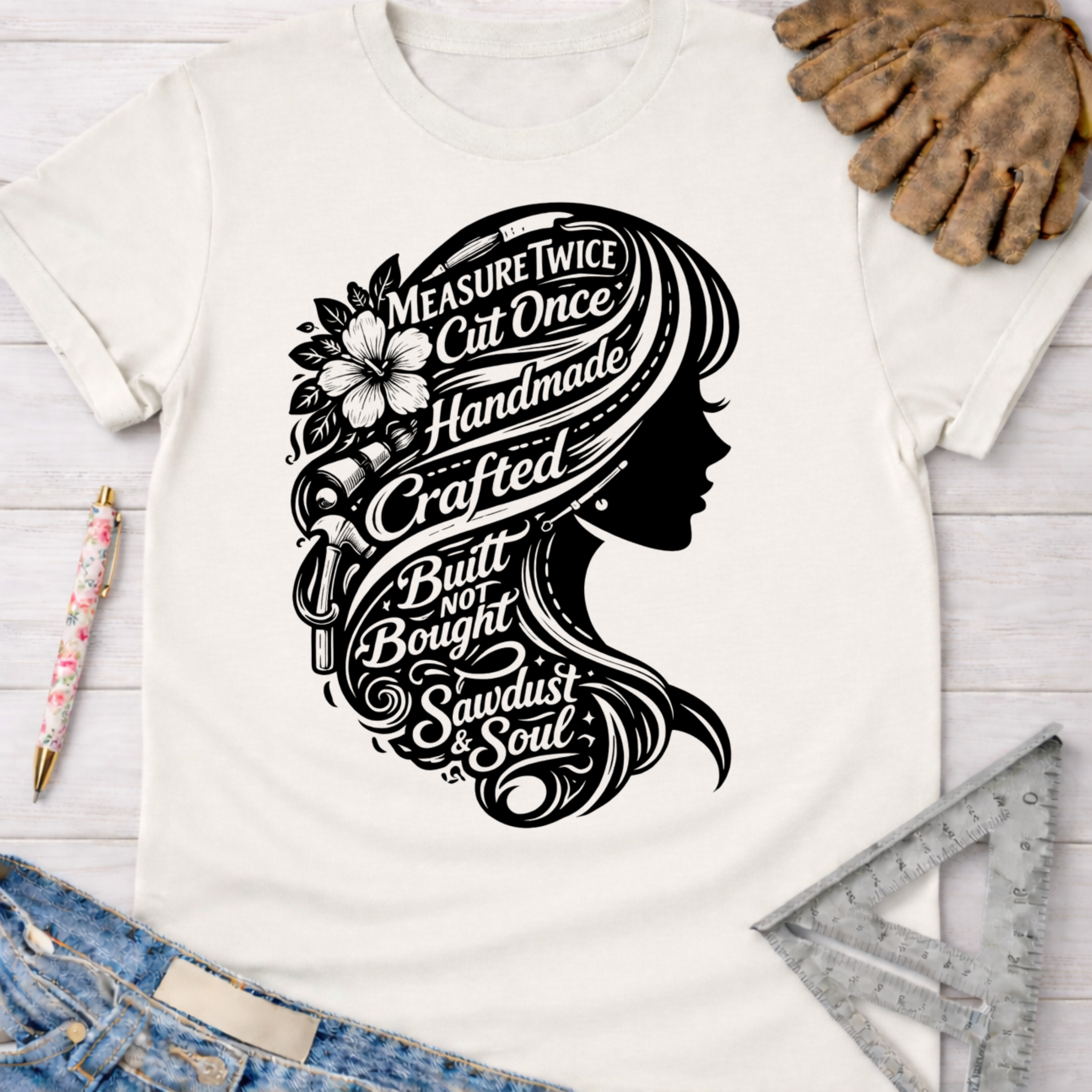 Women's funny woodworking graphic tee shirt for female woodworkers, makers, and DIY builders — Sawdust & Ponytails. White cotton tee with a black silhouette of a woman's head and flowing hair, featuring tools and text like "Measure Twice Cut Once" and "Built Not Bought Sawdust & Soul.
