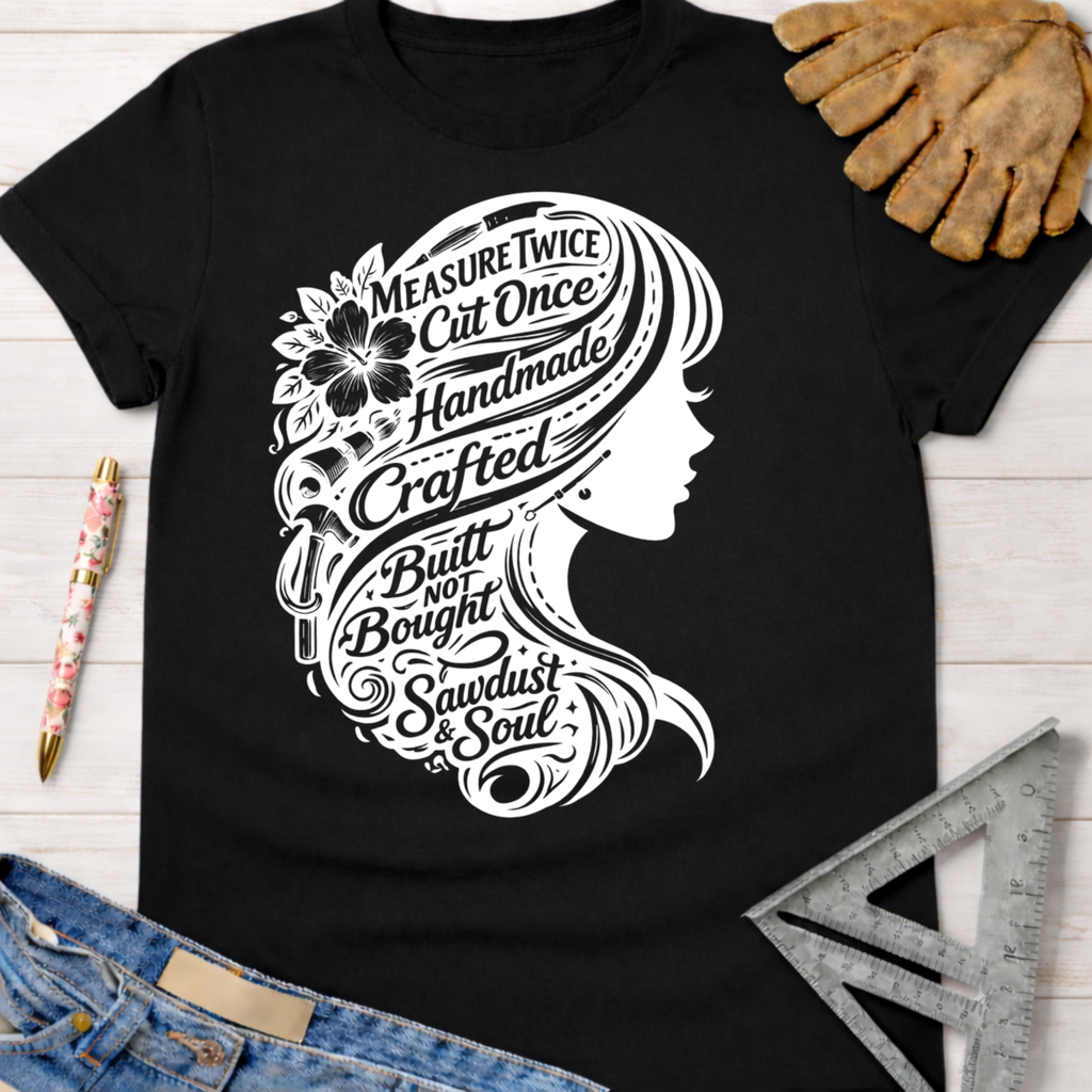 Women's funny woodworking graphic tee shirt for female woodworkers, makers, and DIY builders — Sawdust & Ponytails. Black cotton tee with white silhouette of a woman's head, her hair filled with tools and text like "Measure Twice Cut Once" and "Built Not Bought.