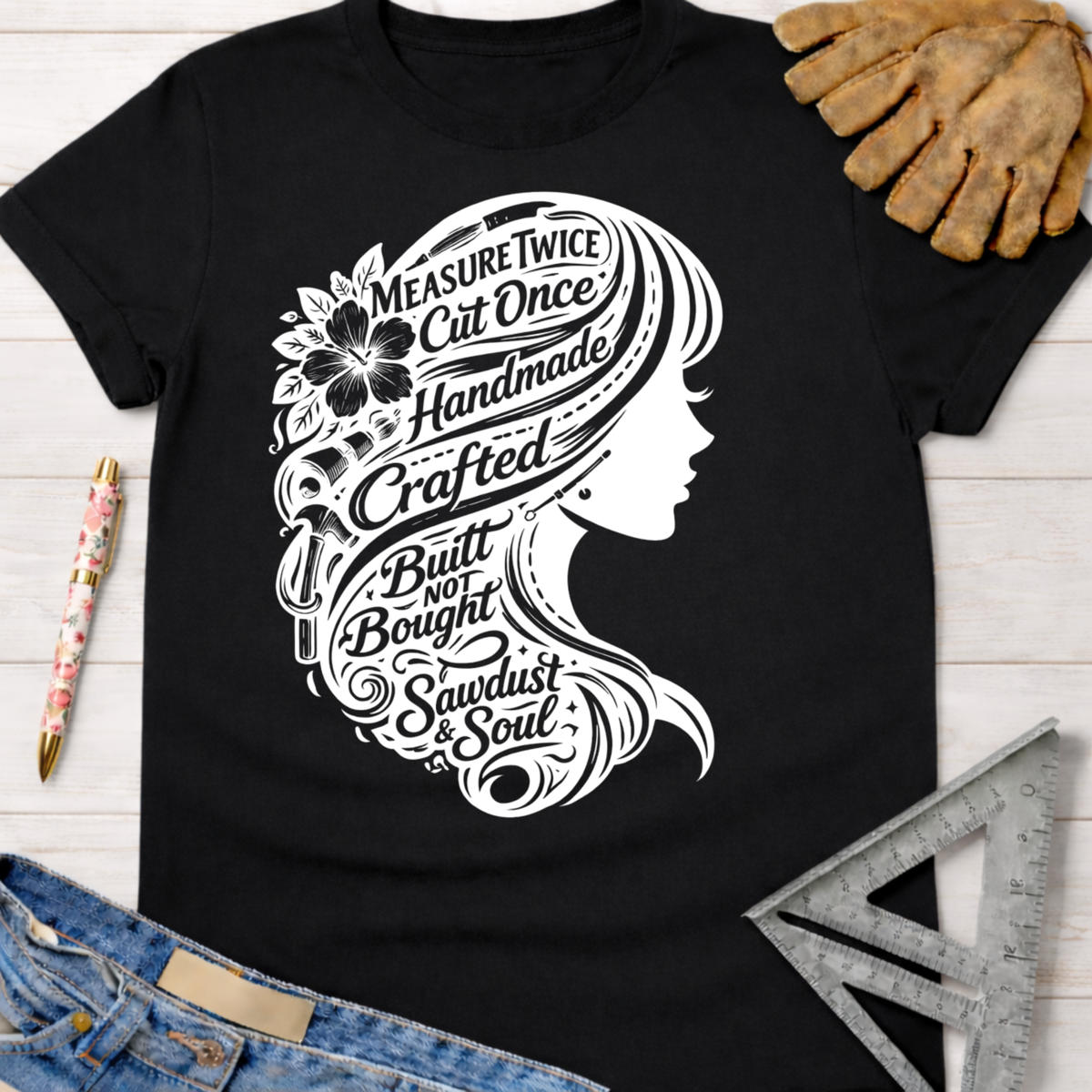 Women's funny woodworking graphic tee shirt for female woodworkers, makers, and DIY builders — Sawdust & Ponytails. Black cotton tee with white silhouette of a woman's head, her hair filled with tools and text like "Measure Twice Cut Once" and "Built Not Bought.