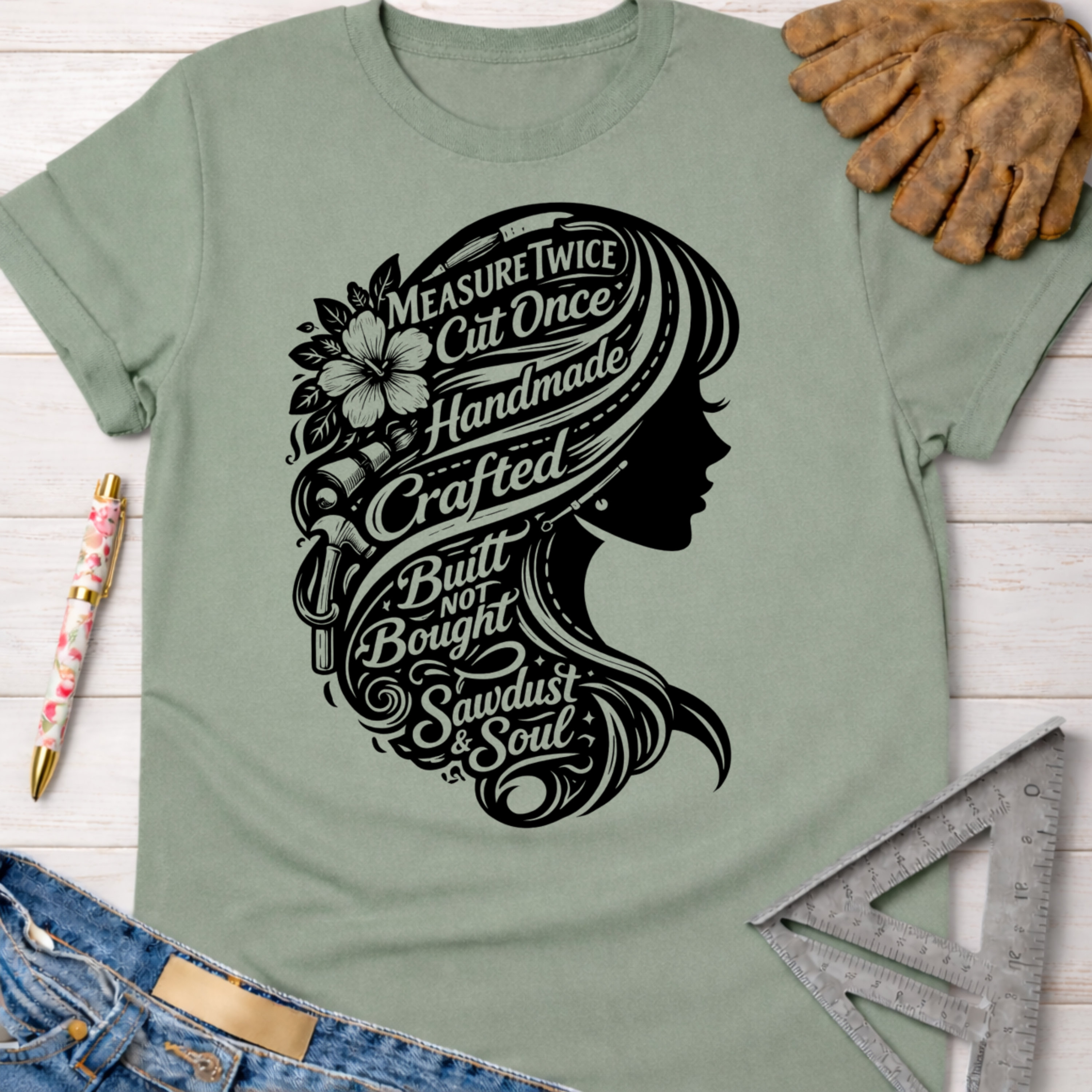 Women's funny woodworking graphic tee shirt for female woodworkers, makers, and DIY builders — Sawdust & Ponytails.