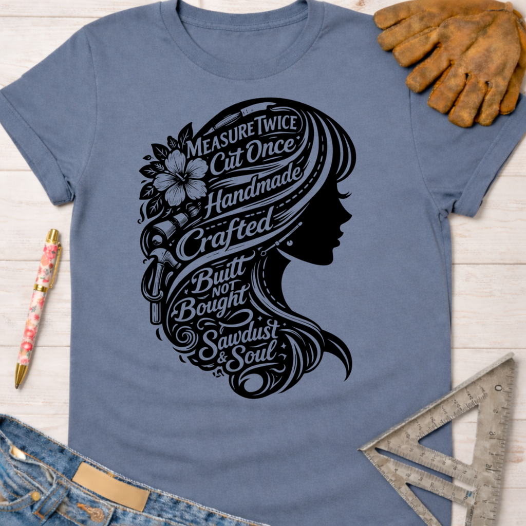 Women's funny woodworking graphic tee shirt for female woodworkers, makers, and DIY builders — Sawdust & Ponytails. Blue cotton tee with black graphic of a woman's silhouette, her hair filled with tools and text like "Measure Twice Cut Once.