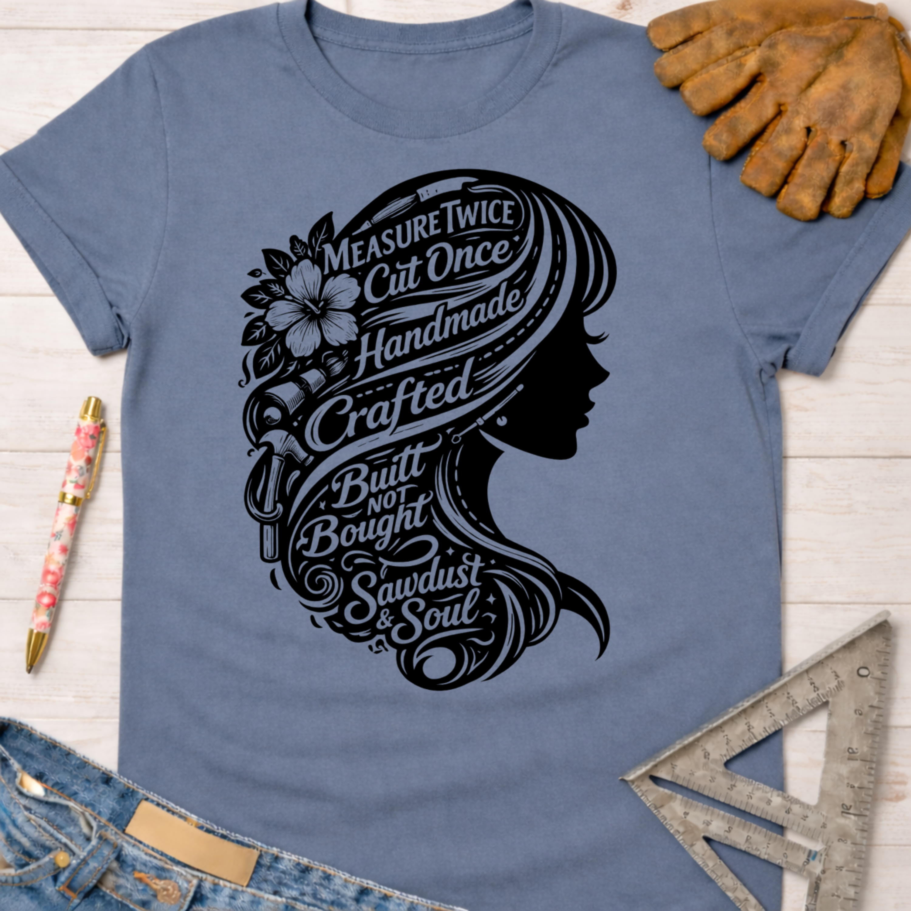 Women's funny woodworking graphic tee shirt for female woodworkers, makers, and DIY builders — Sawdust & Ponytails. Blue cotton tee with black graphic of a woman's silhouette, her hair filled with tools and text like "Measure Twice Cut Once.