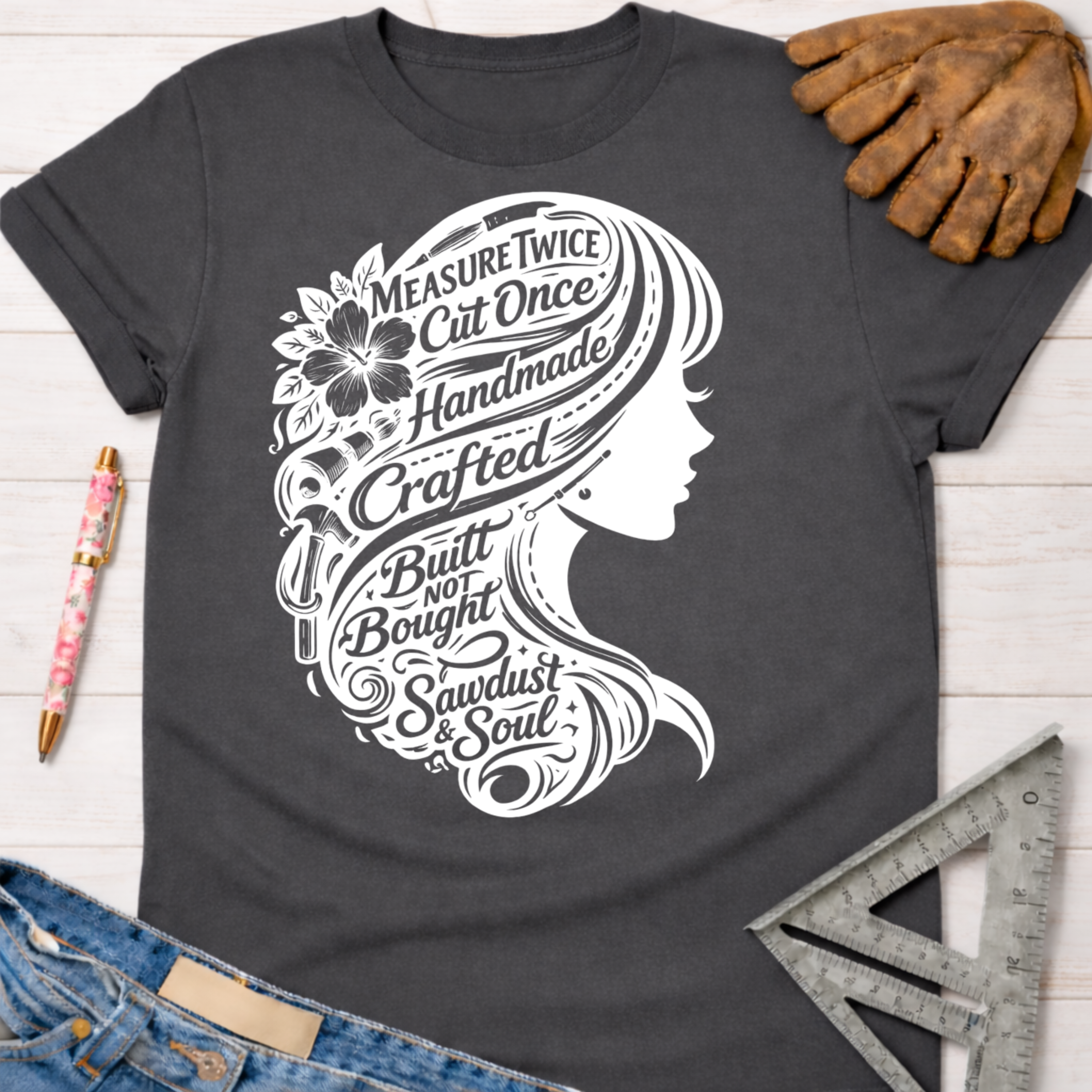 Women's funny woodworking graphic tee shirt for female woodworkers, makers, and DIY builders — Sawdust & Ponytails. Dark gray t-shirt with white graphic of a woman's profile, her hair filled with tools and text like "Measure Twice Cut Once.