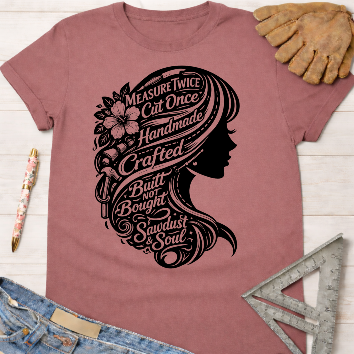Women's funny woodworking graphic tee shirt for female woodworkers, makers, and DIY builders — Sawdust & Ponytails. Mauve t-shirt with black silhouette of a woman's head and flowing hair made of tools and text.