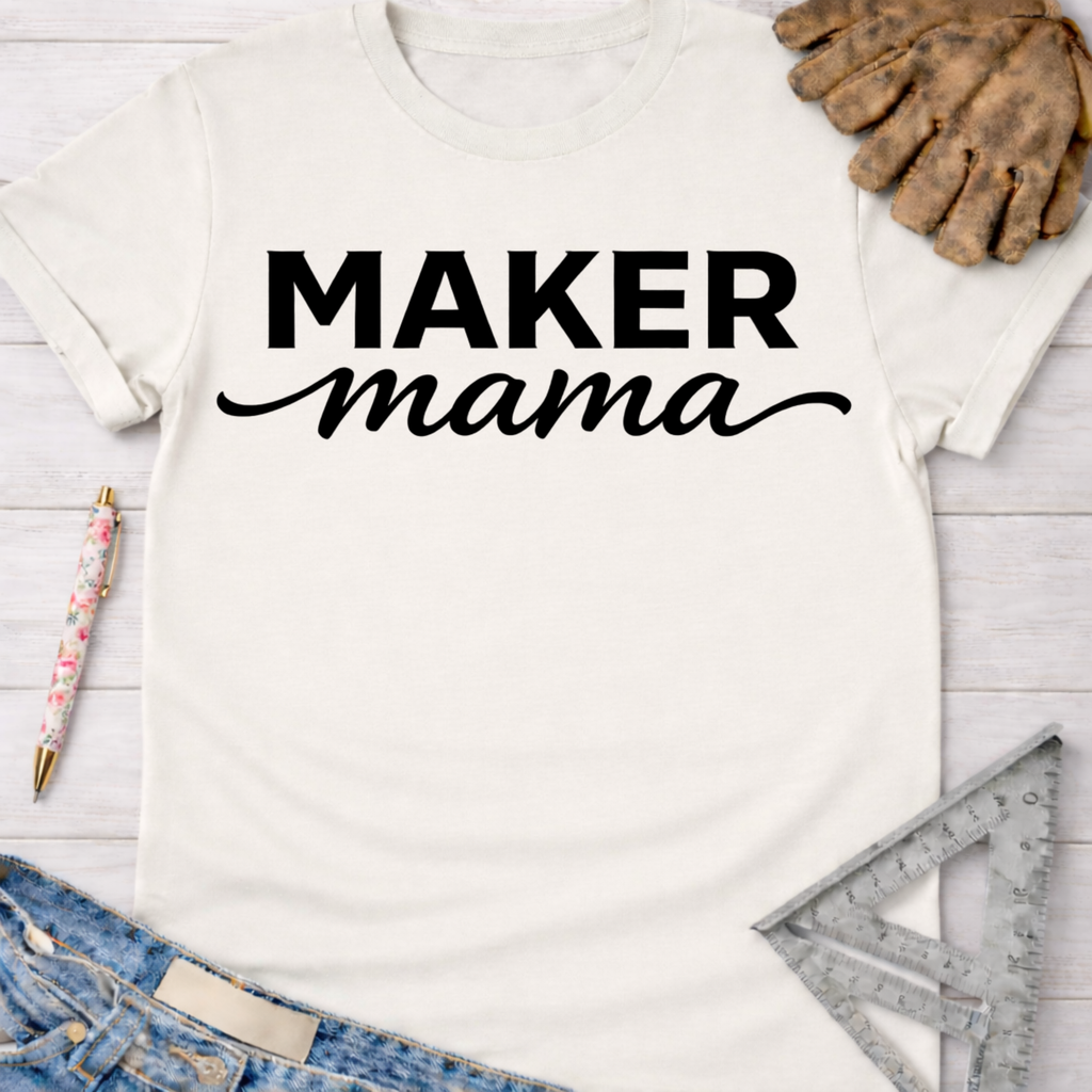 Women's funny woodworking graphic tee shirt for female woodworkers, makers, and DIY builders — Sawdust & Ponytails. Cream t-shirt with "MAKER mama" in black script.