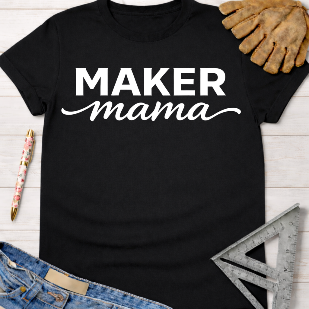 Black cotton "MAKER mama" graphic tee with work glove, pen, ruler, and jeans. Women's funny woodworking graphic tee shirt for female woodworkers, makers, and DIY builders — Sawdust & Ponytails