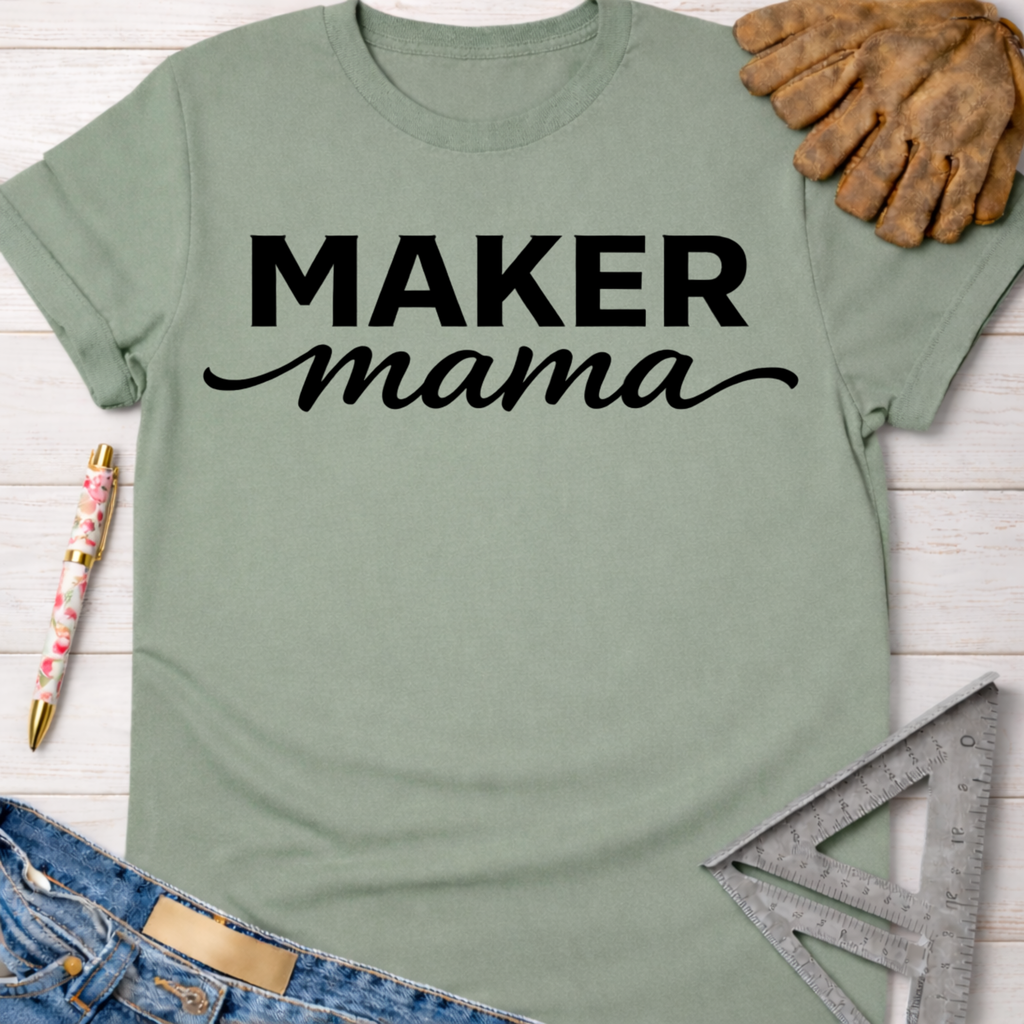 Sage green "Maker Mama" graphic tee with work gloves, jeans, and a ruler. Women's funny woodworking graphic tee shirt for female woodworkers, makers, and DIY builders — Sawdust & Ponytails