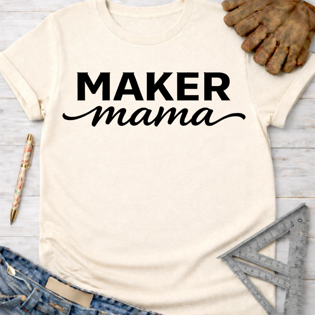 Women's funny woodworking graphic tee shirt for female woodworkers, makers, and DIY builders — Sawdust & Ponytails. Cream t-shirt with "MAKER mama" in black text.