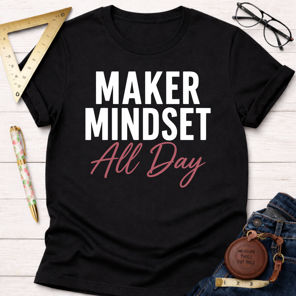 Black cotton t-shirt with "MAKER MINDSET All Day" in white and pink text, flat lay with jeans.