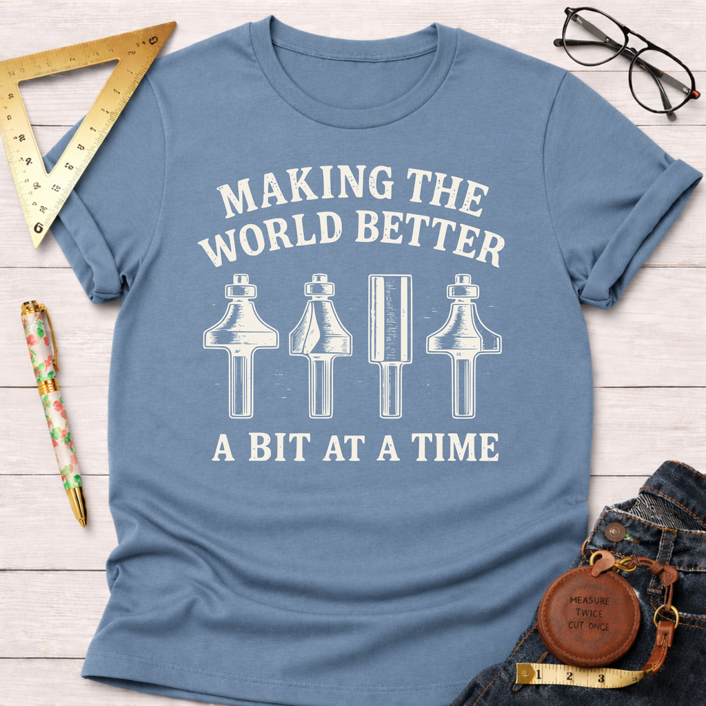 Women's funny woodworking graphic tee shirt for female woodworkers, makers, and DIY builders — Sawdust & Ponytails. Light blue cotton tee with "Making The World Better A Bit At A Time" text and router bit graphics.