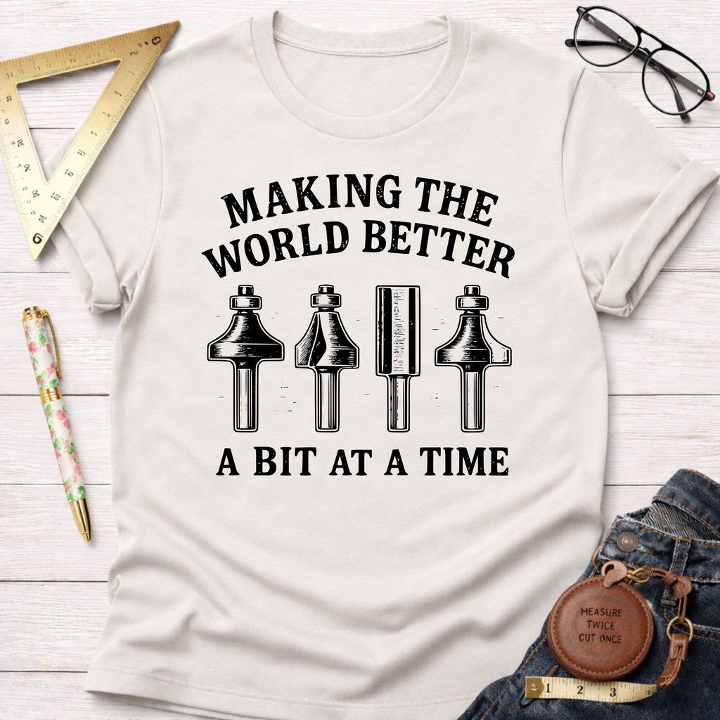 Women's funny woodworking graphic tee shirt for female woodworkers, makers, and DIY builders — Sawdust & Ponytails.