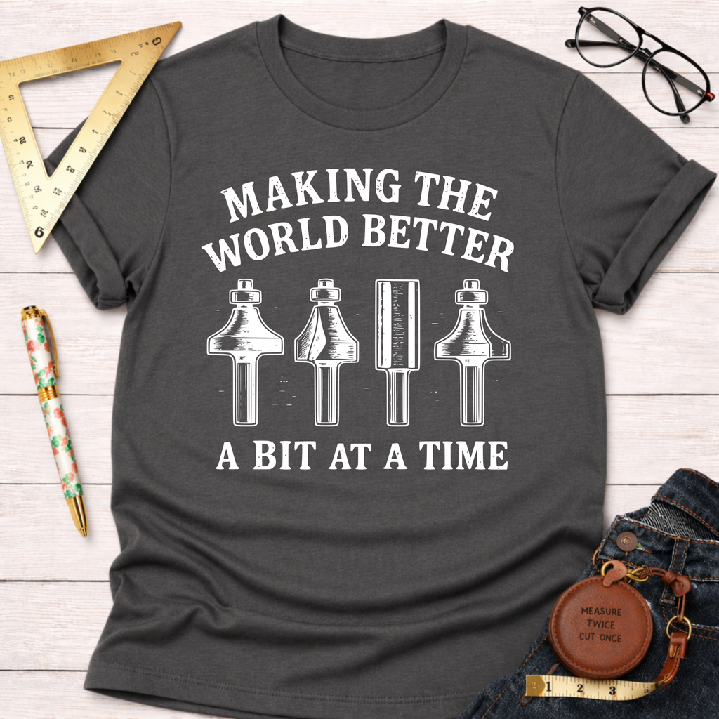 Women's funny woodworking graphic tee shirt for female woodworkers, makers, and DIY builders — Sawdust & Ponytails. Dark gray cotton tee with "Making The World Better A Bit At A Time" text and router bit graphics.