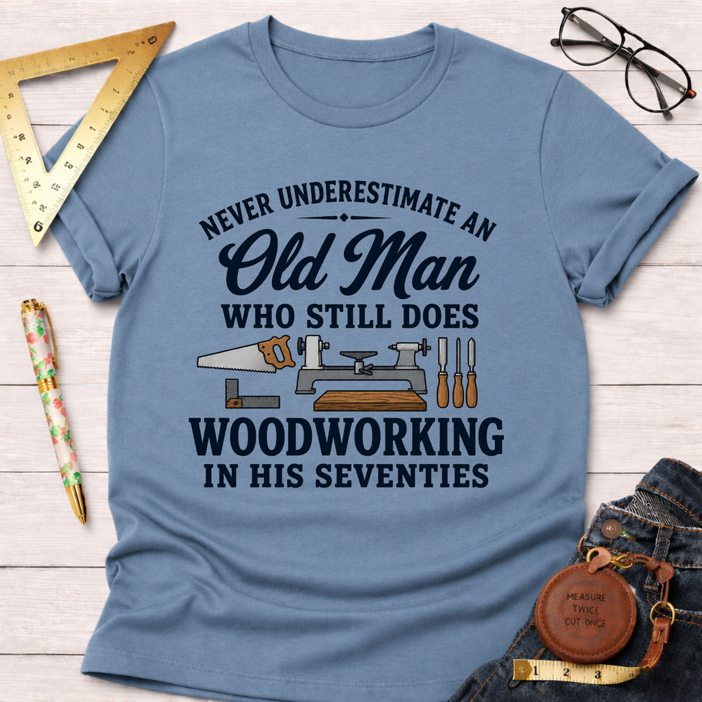 Light blue t-shirt with "Never Underestimate An Old Man Who Still Does Woodworking In His Seventies" text and tools.