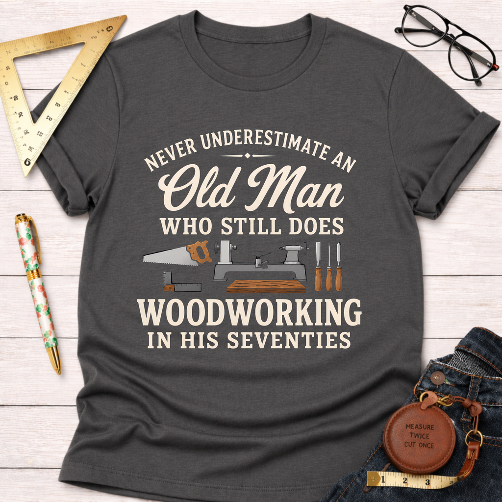 Dark gray t-shirt with "Never Underestimate An Old Man Who Still Does Woodworking In His Seventies" text and tools graphic.