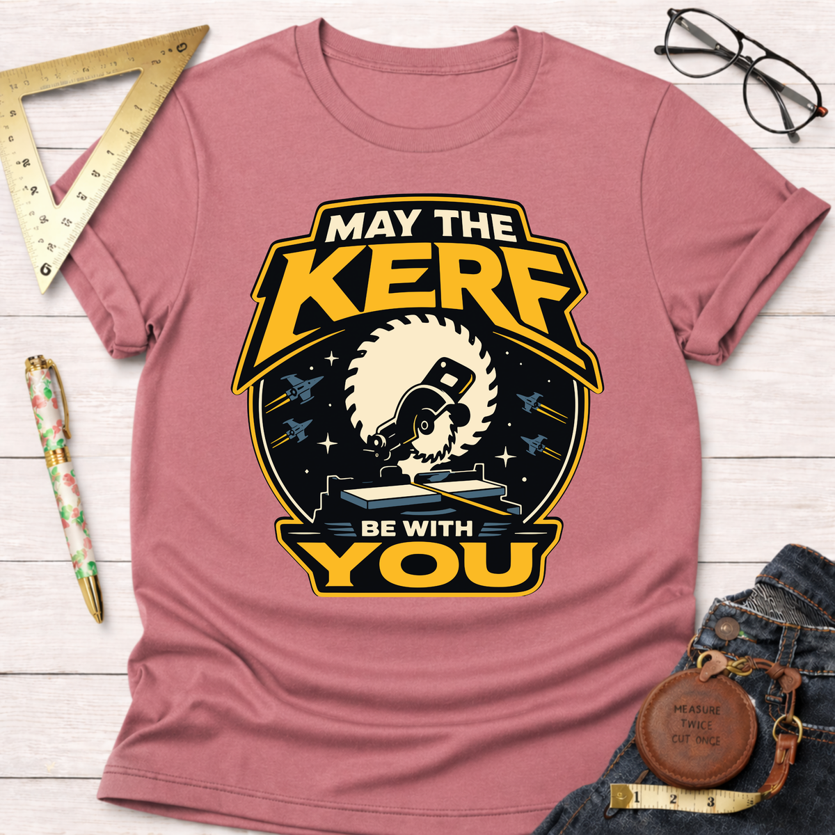 Pink cotton t-shirt with "May The Kerf Be With You" graphic featuring a circular saw and spaceships.