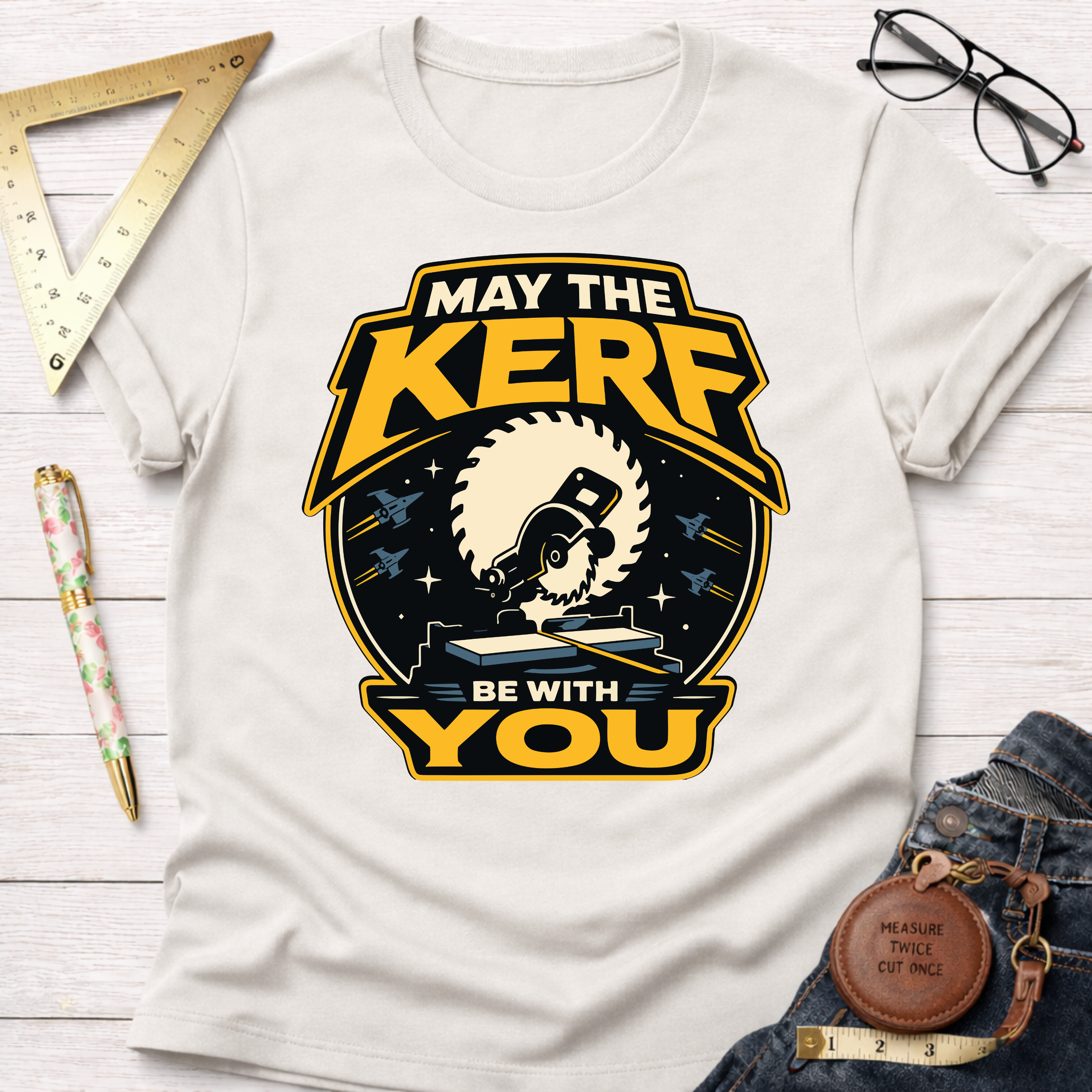White cotton t-shirt with "May The Kerf Be With You" graphic featuring a circular saw and spaceships.