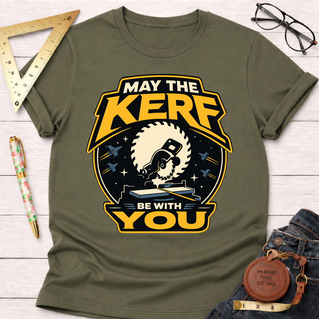 Olive green cotton t-shirt with "May The Kerf Be With You" graphic featuring a circular saw cutting wood.