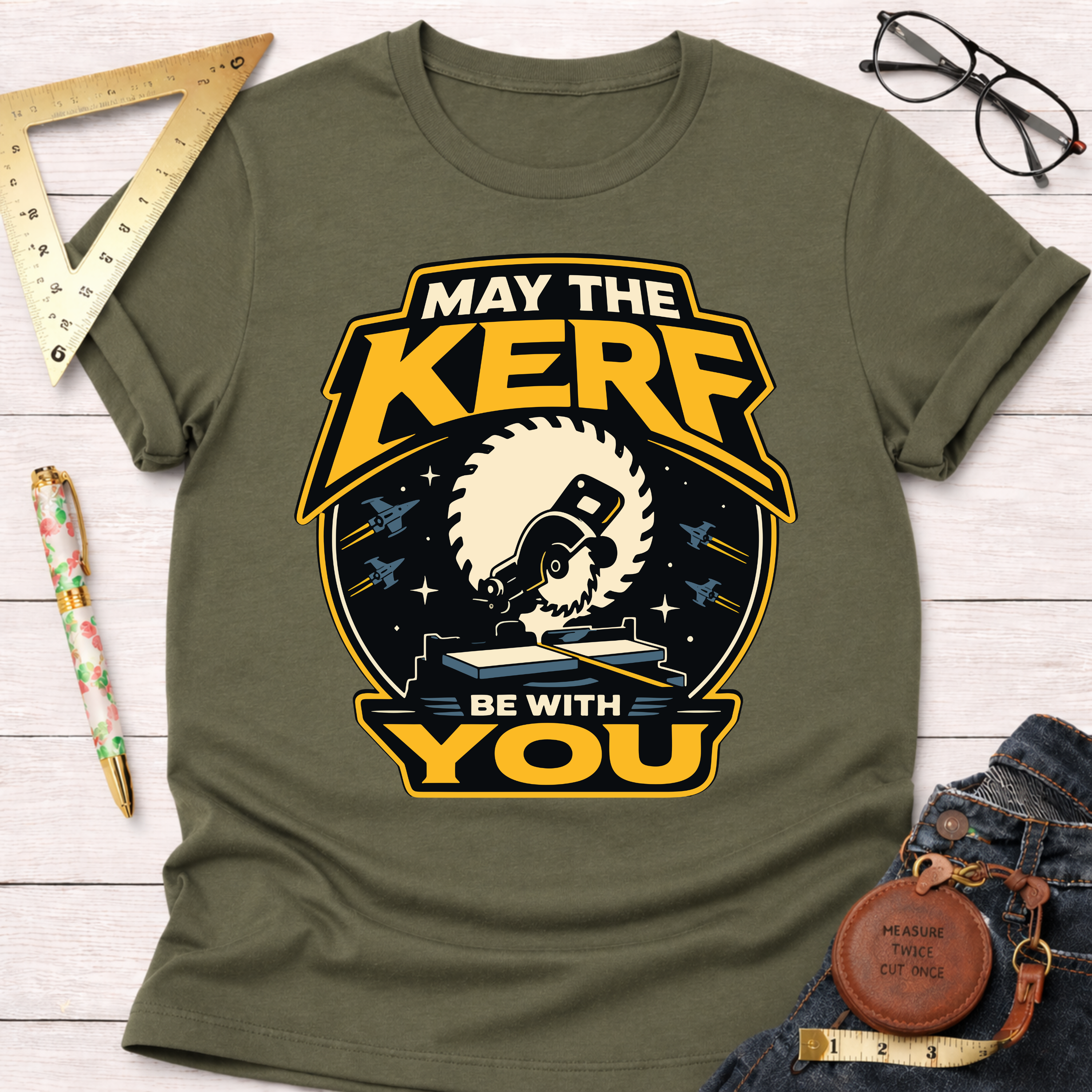 Olive green cotton t-shirt with "May The Kerf Be With You" graphic featuring a circular saw cutting wood.