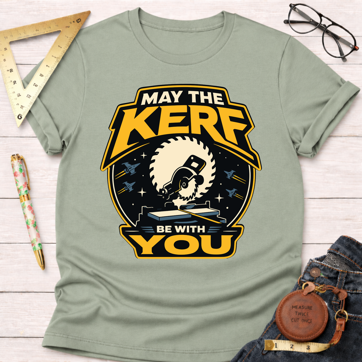 Light green cotton t-shirt with "May The Kerf Be With You" graphic featuring a circular saw.