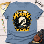 Light blue cotton t-shirt with a yellow and black "May The Kerf Be With You" graphic featuring a circular saw.