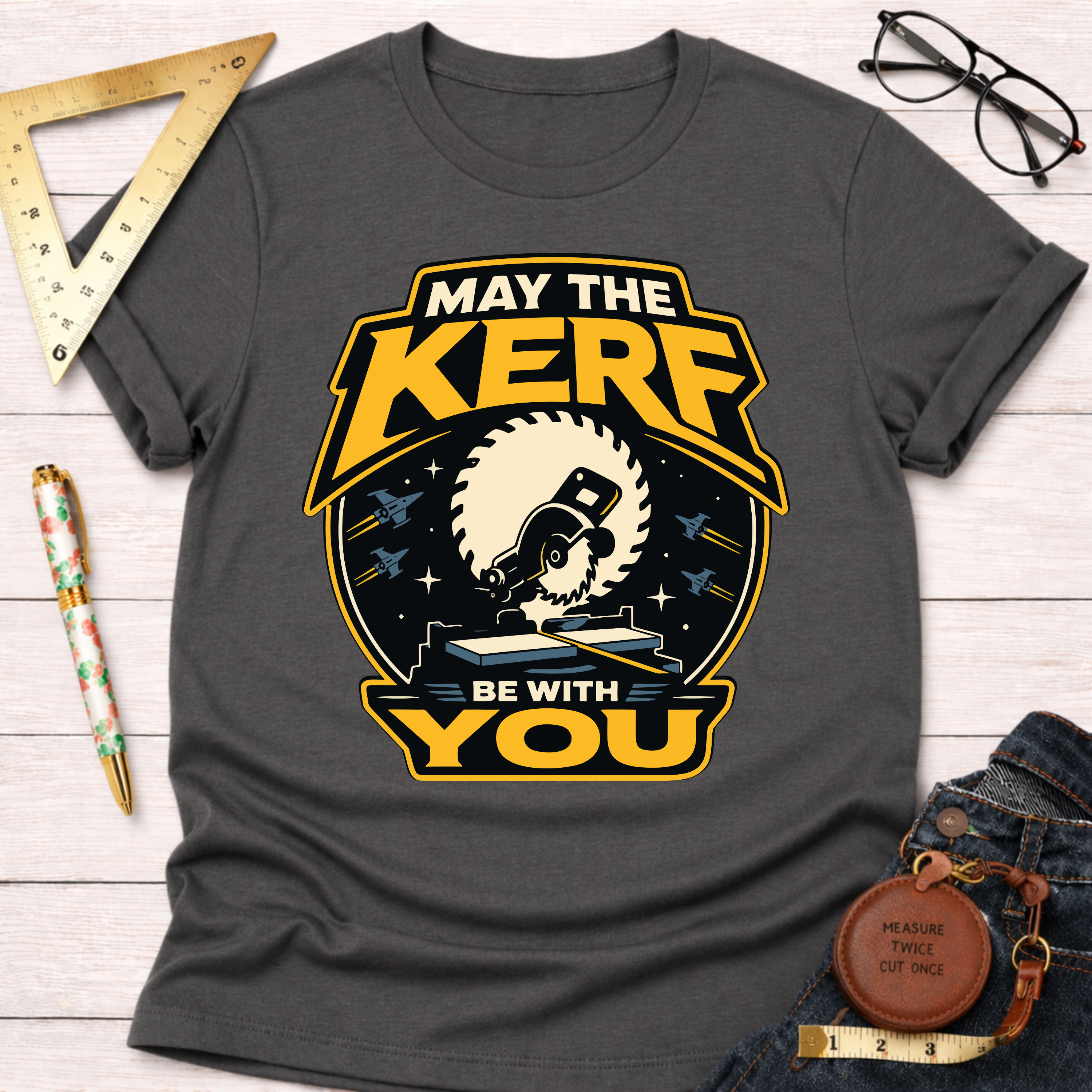 Charcoal gray cotton t-shirt with "May The Kerf Be With You" graphic featuring a circular saw.