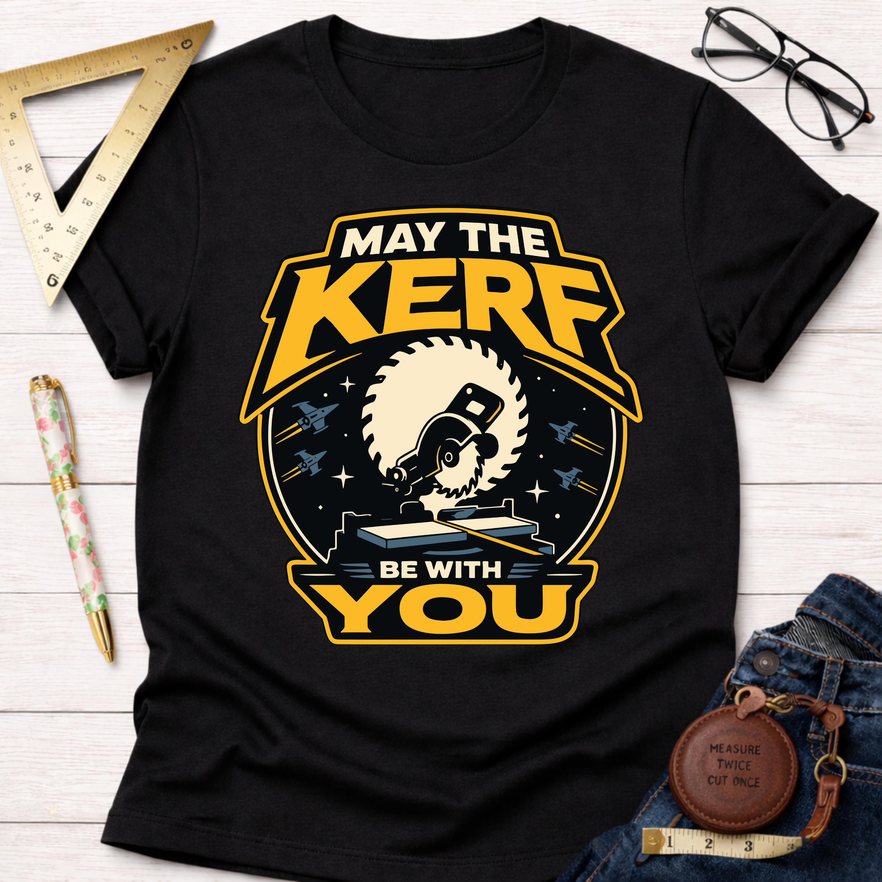 Black cotton t-shirt with a yellow and white "May The Kerf Be With You" graphic featuring a circular saw.
