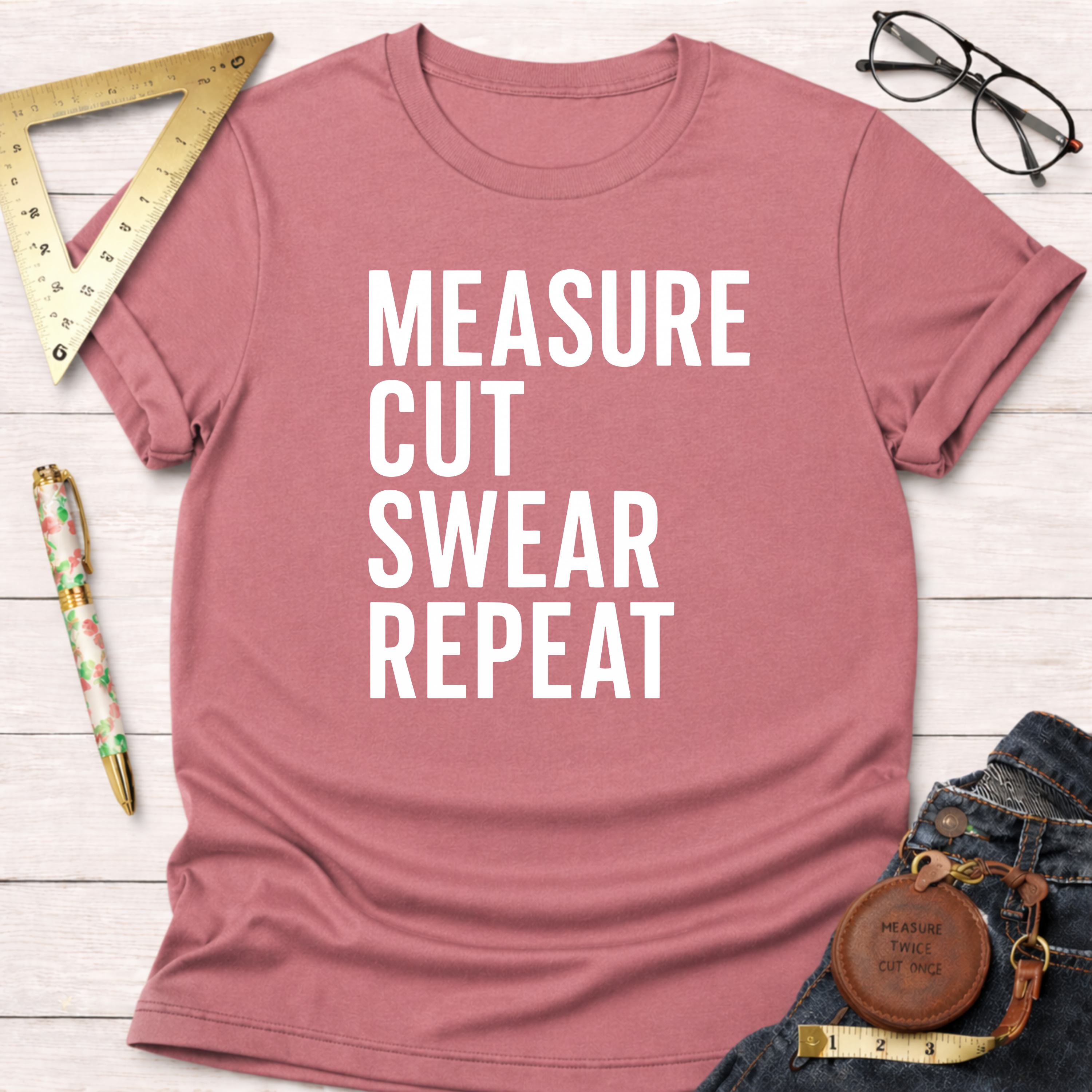 Heather dusty rose t-shirt with "MEASURE CUT SWEAR REPEAT" in white, styled with jeans and tools.