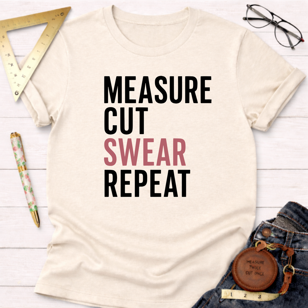 Cream t-shirt with "MEASURE CUT SWEAR REPEAT" in black and pink text, styled with jeans and tools.