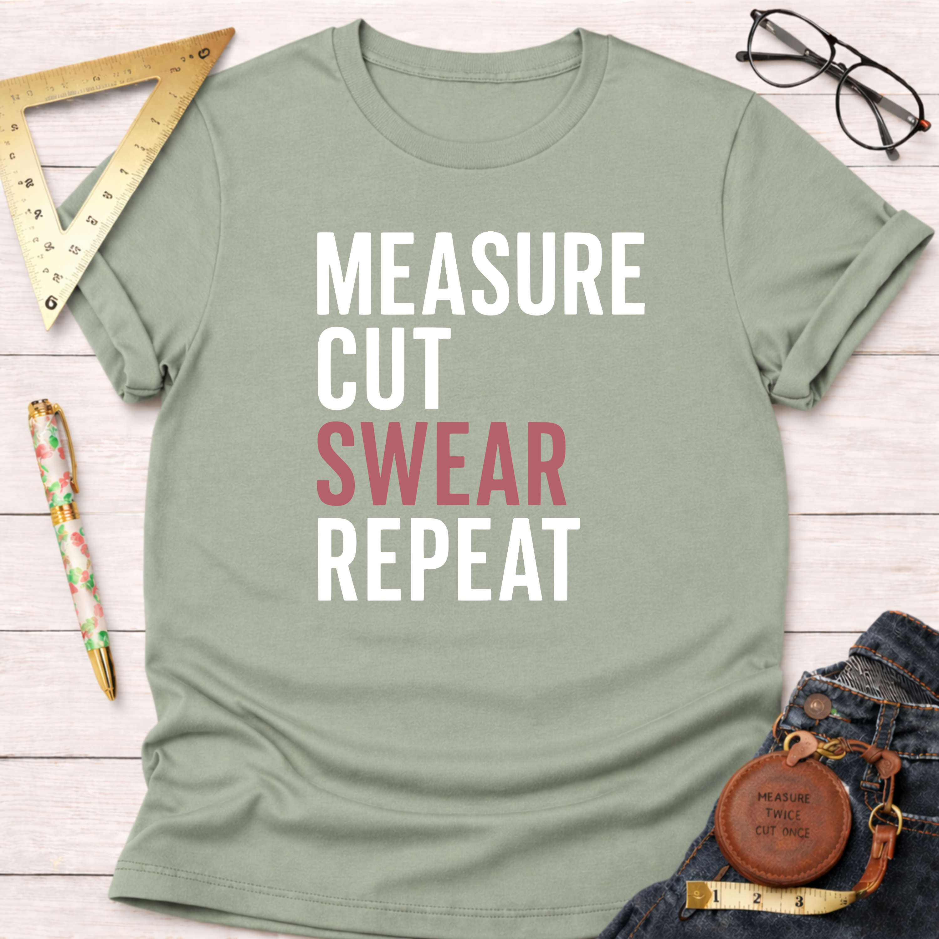 Light green "Measure Cut Swear Repeat" graphic tee for woodworkers, with ruler, pen, and jeans.