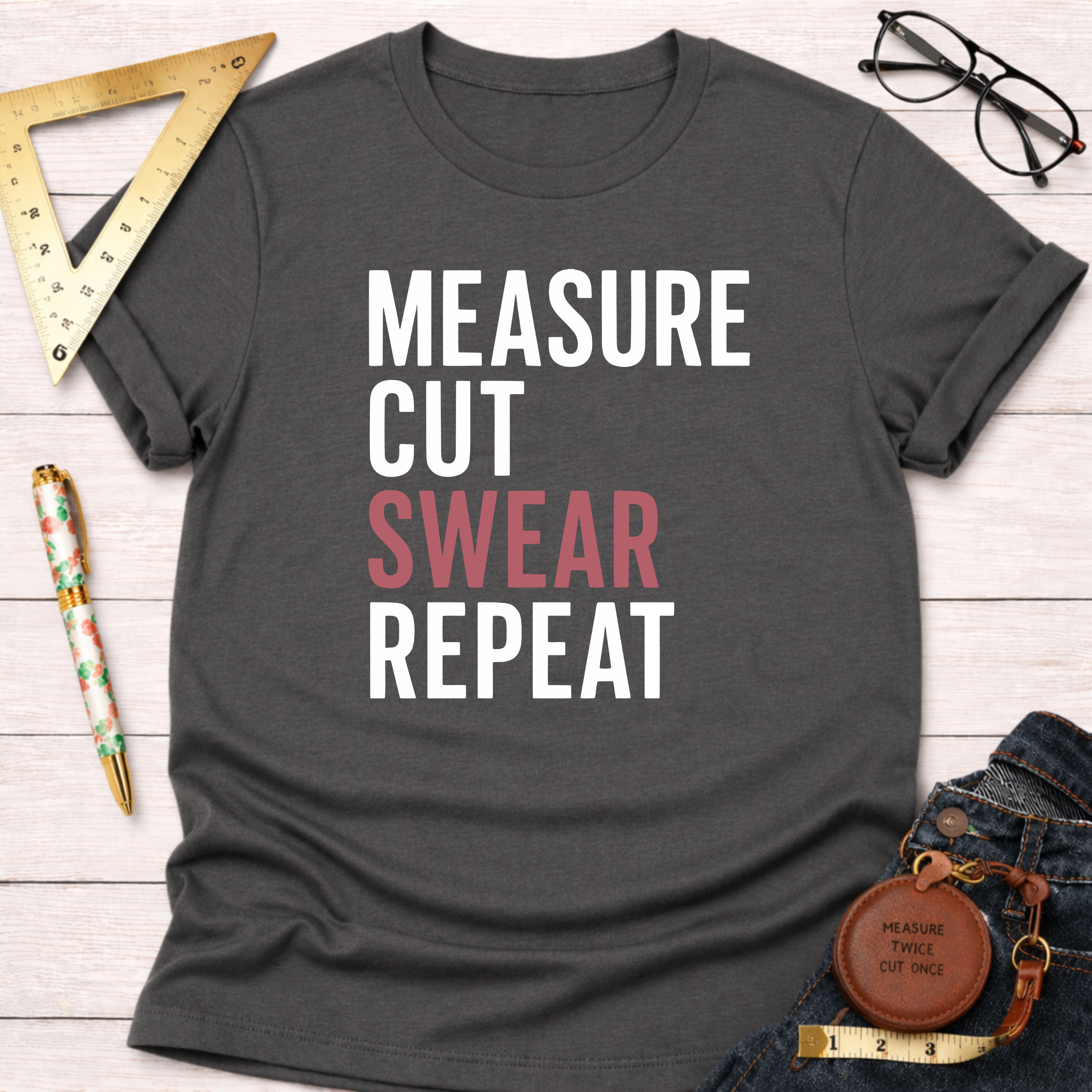 Dark gray "Measure Cut Swear Repeat" graphic tee with rolled sleeves, beside jeans, glasses, and tools.