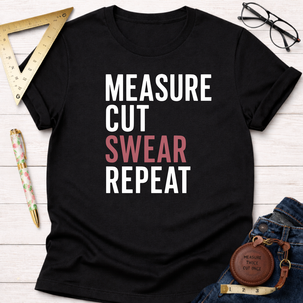 Black cotton t-shirt with "MEASURE CUT SWEAR REPEAT" text, "SWEAR" in pink.