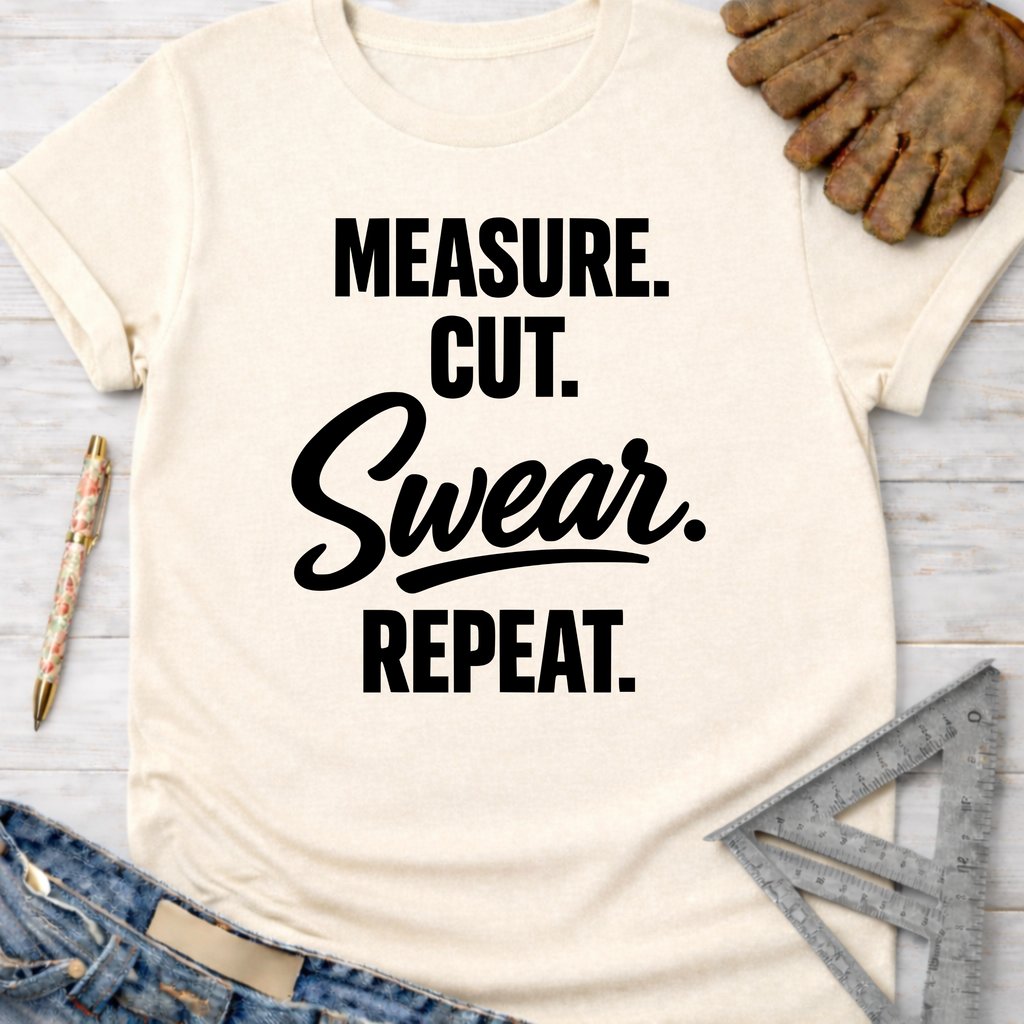 Cream t-shirt with "Measure. Cut. Swear. Repeat." in black text. Women's funny woodworking graphic tee shirt for female woodworkers, makers, and DIY builders — Sawdust & Ponytails.