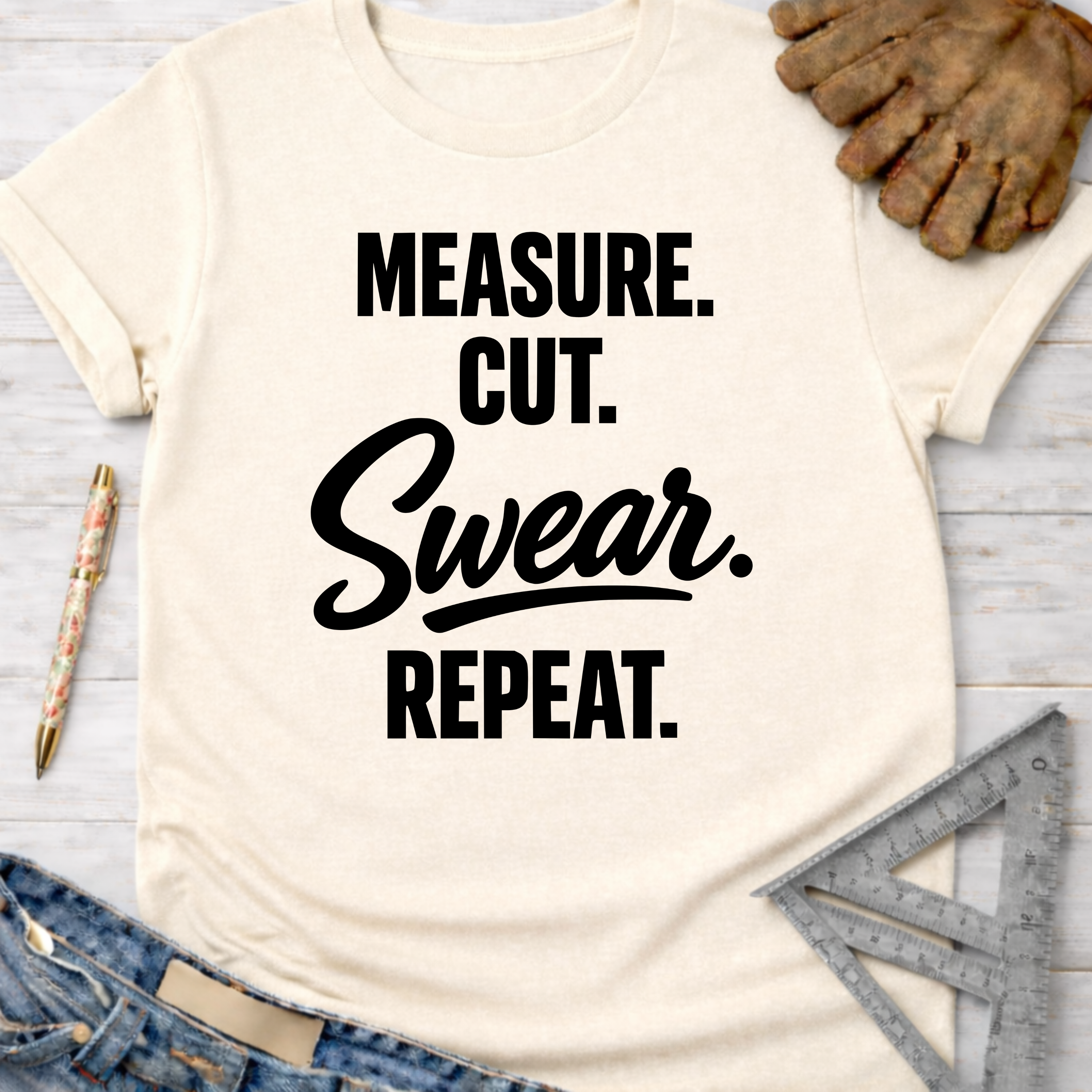 Cream t-shirt with "Measure. Cut. Swear. Repeat." in black text. Women's funny woodworking graphic tee shirt for female woodworkers, makers, and DIY builders — Sawdust & Ponytails.