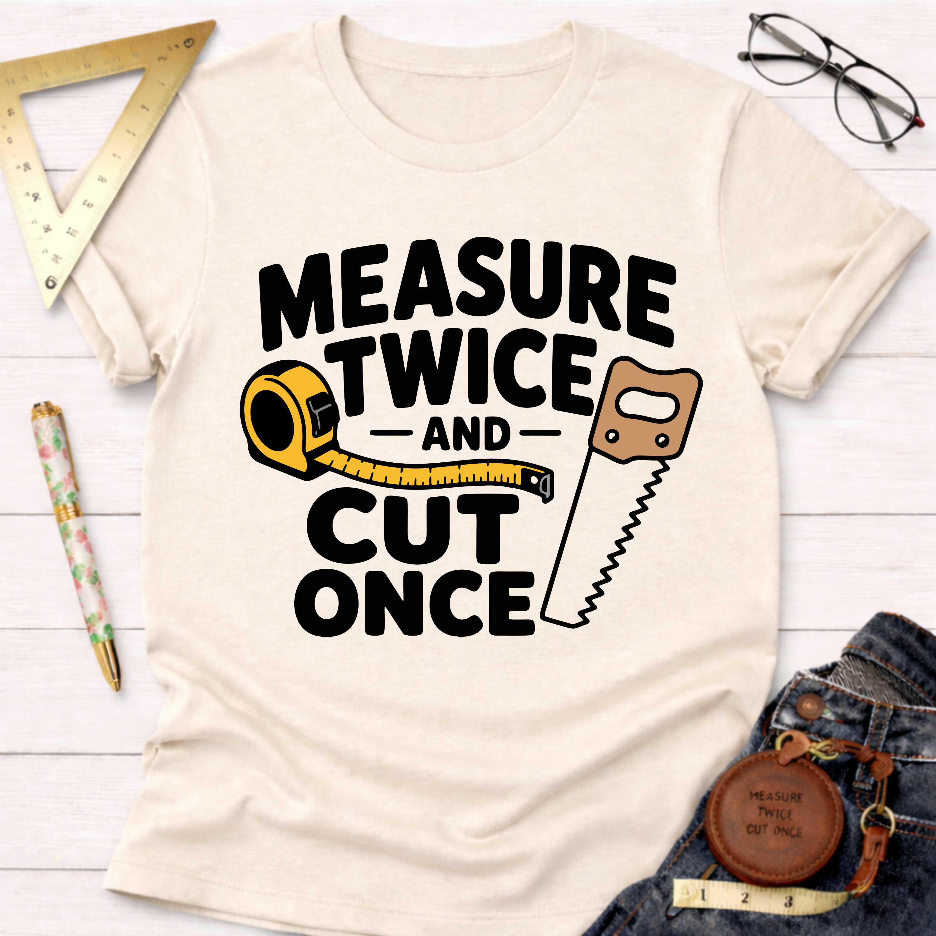 Cream t-shirt with "Measure Twice And Cut Once" graphic, featuring a tape measure and hand saw.