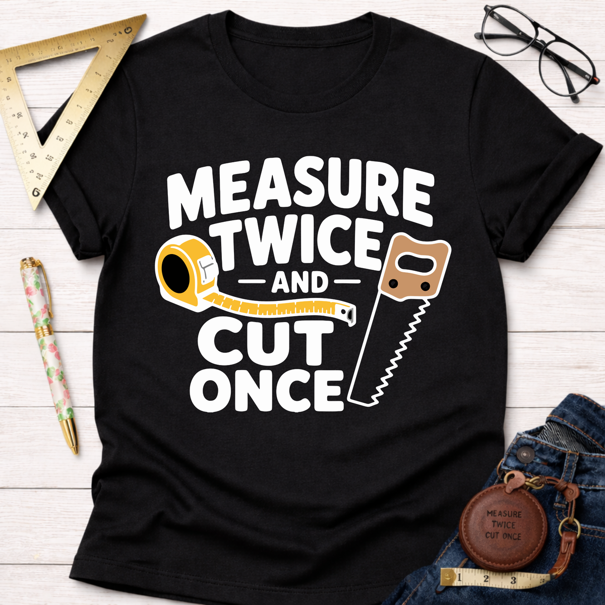 Black cotton t-shirt with "Measure Twice And Cut Once" text, a tape measure, and a saw graphic.