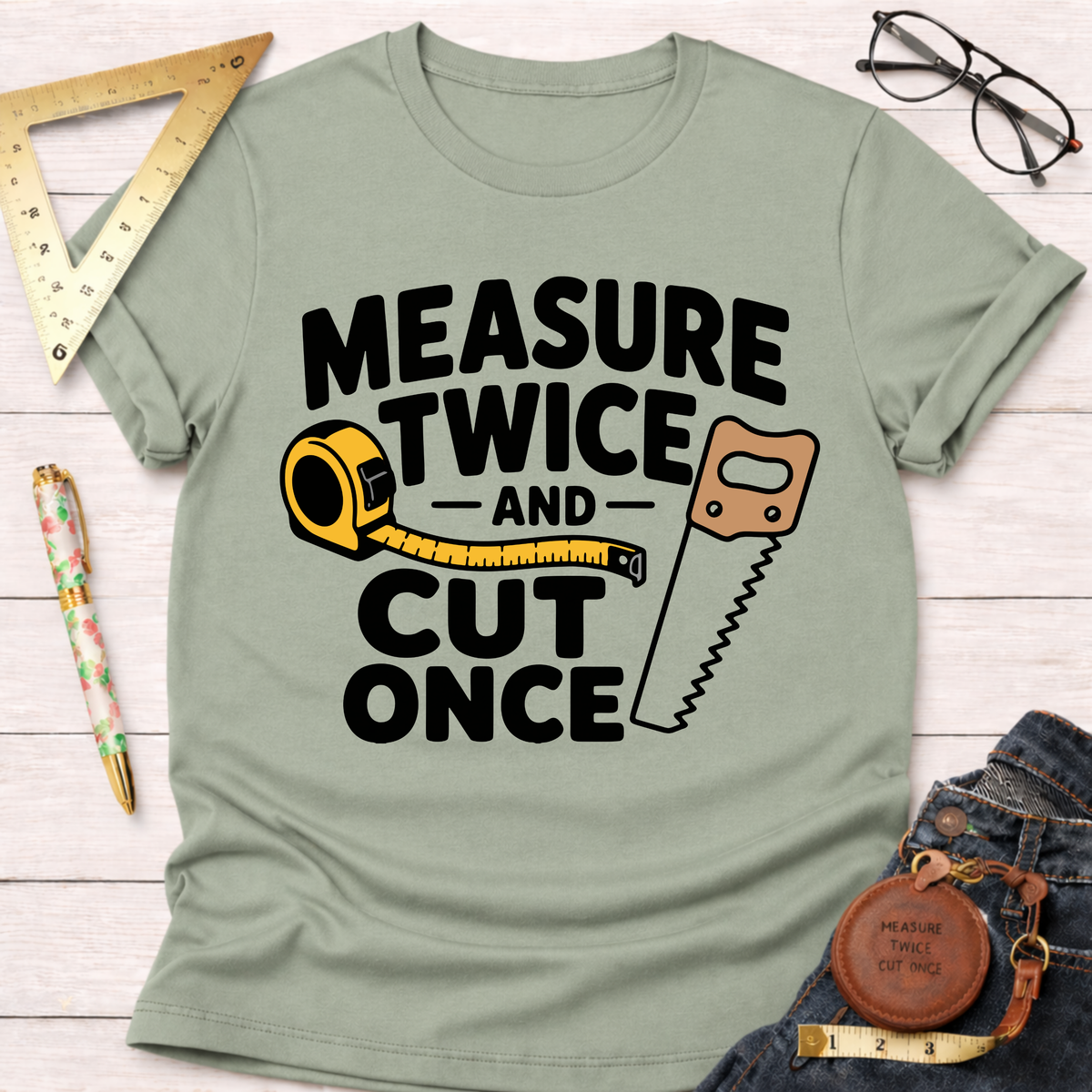 Sage green "Measure Twice And Cut Once" graphic t-shirt with a tape measure and saw design.