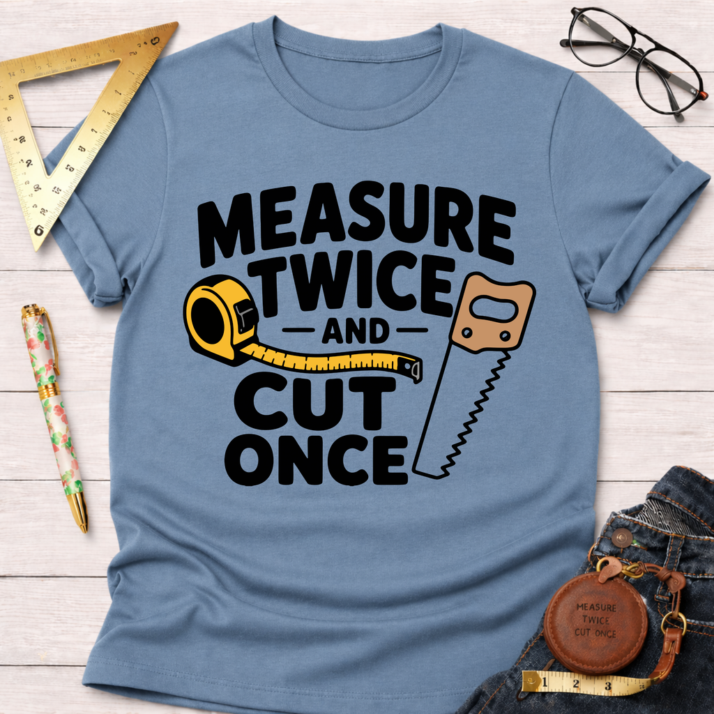 Blue cotton t-shirt with "Measure Twice And Cut Once" text, a tape measure, and a saw graphic.