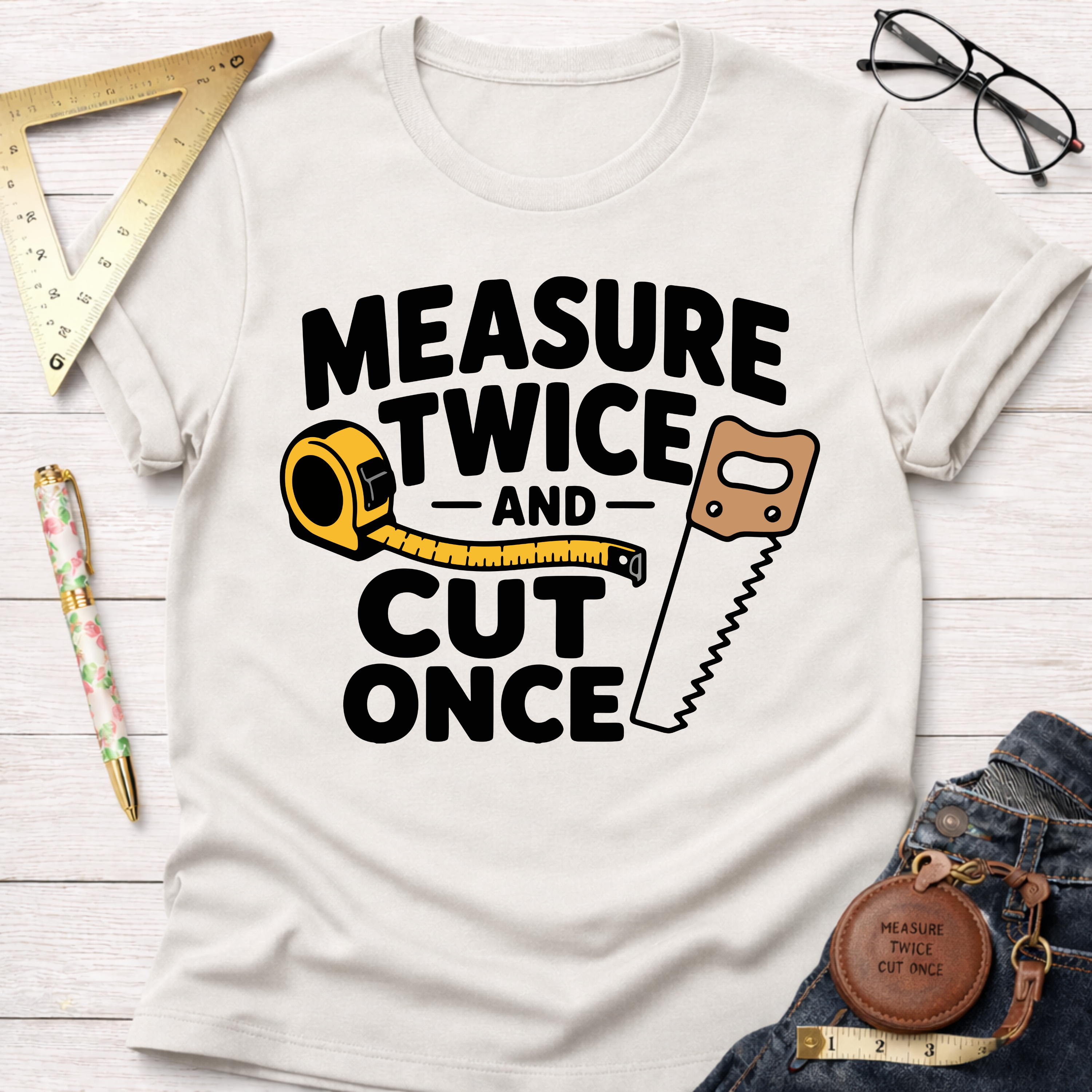 White cotton t-shirt with "Measure Twice And Cut Once" graphic featuring a tape measure and hand saw.